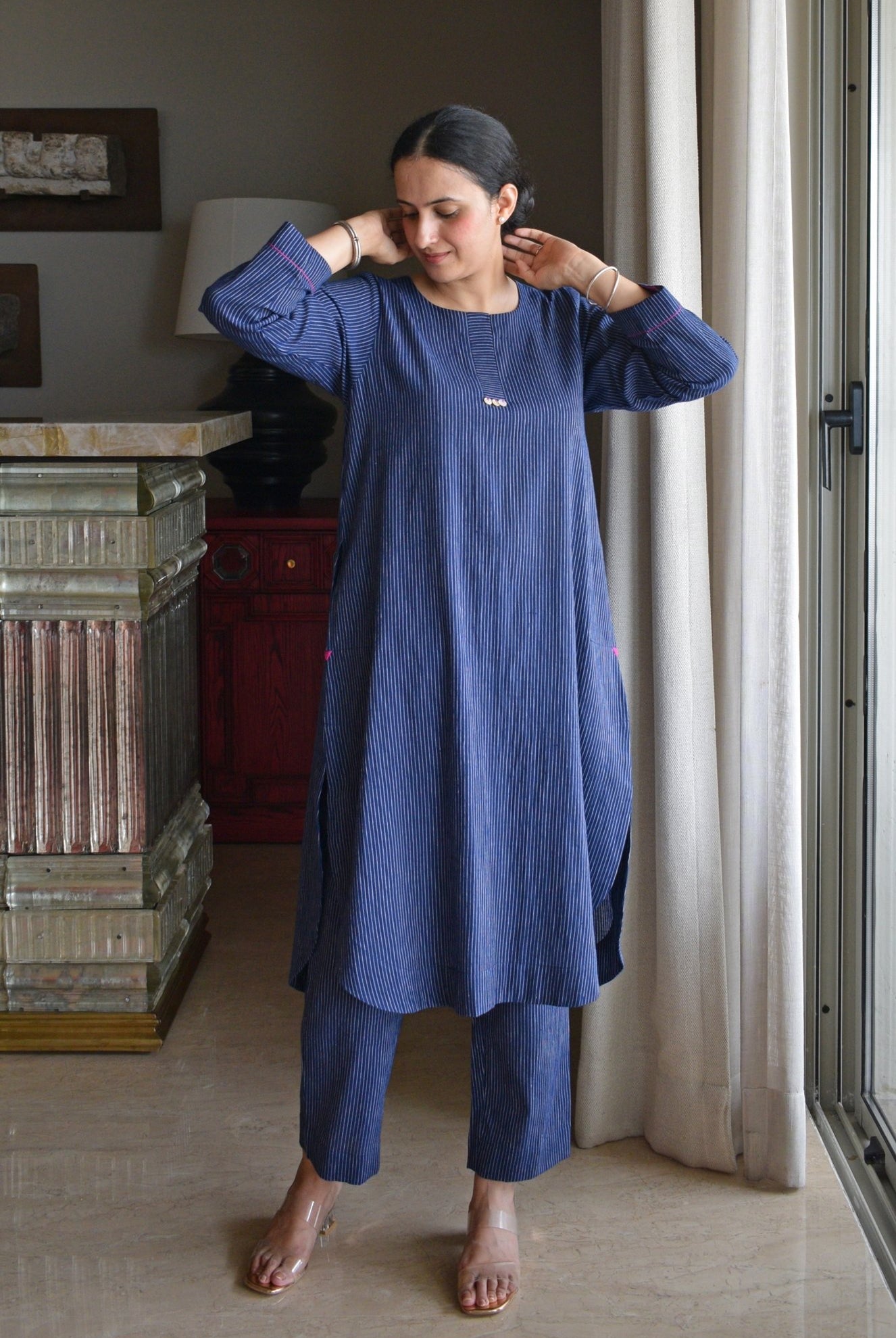 Navy Blue Striped Co - ord Set in Handwoven Cotton - CiceroniKurta Set, Everyday WearHouse of Moxa