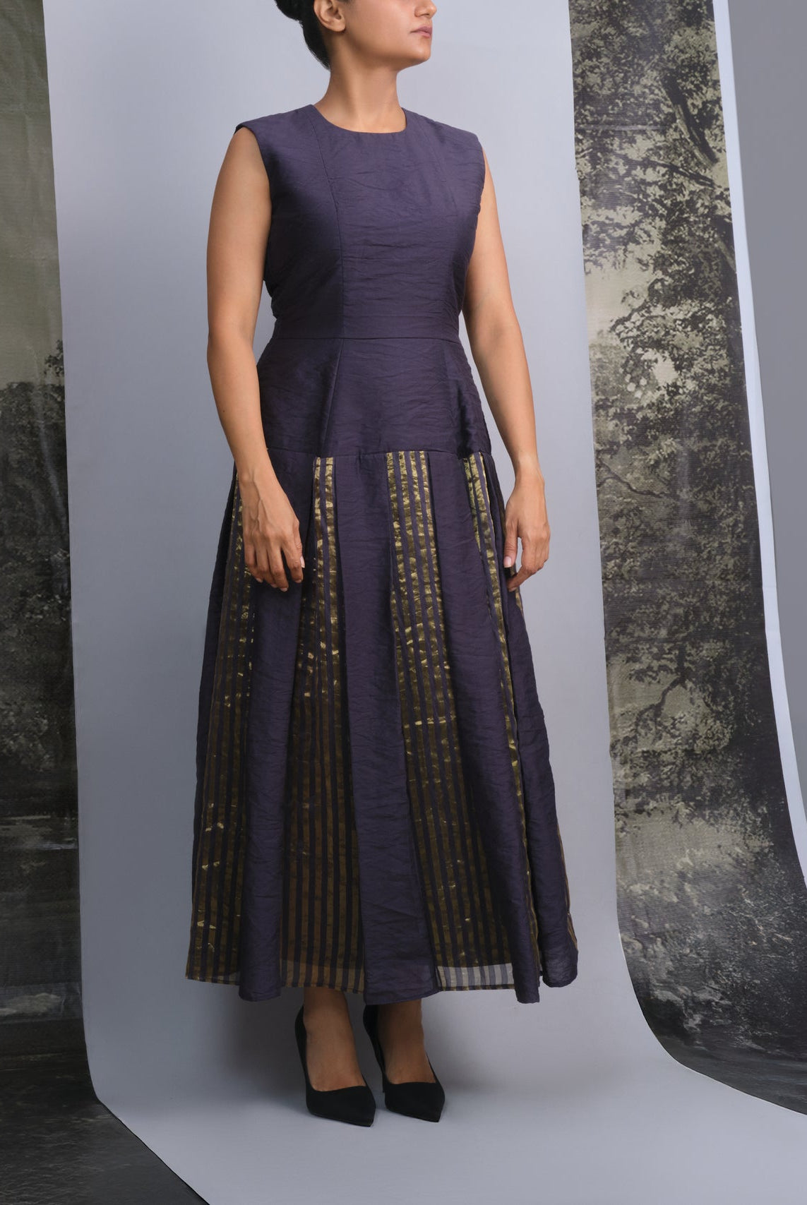 Navy Gold Chanderi Striped Dress - CiceroniDressesOtouto