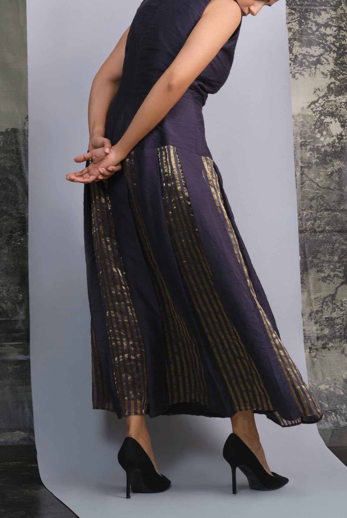 Navy Gold Chanderi Striped Dress - CiceroniDressesOtouto