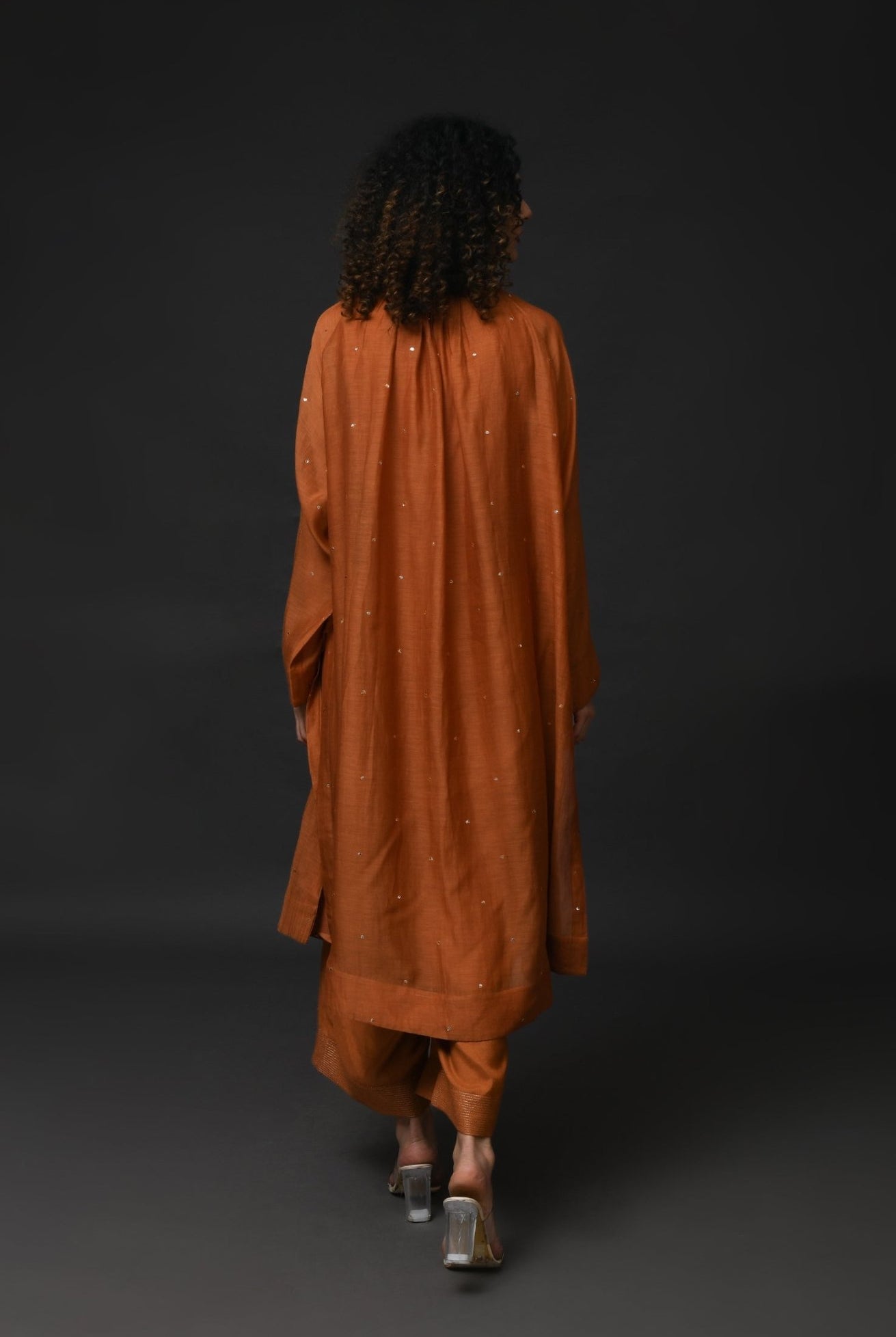 Neck Gather Metallic Dots Chanderi Co - Ord (Set of 2) - Copper - CiceroniKurta Set, Festive WearHiranya