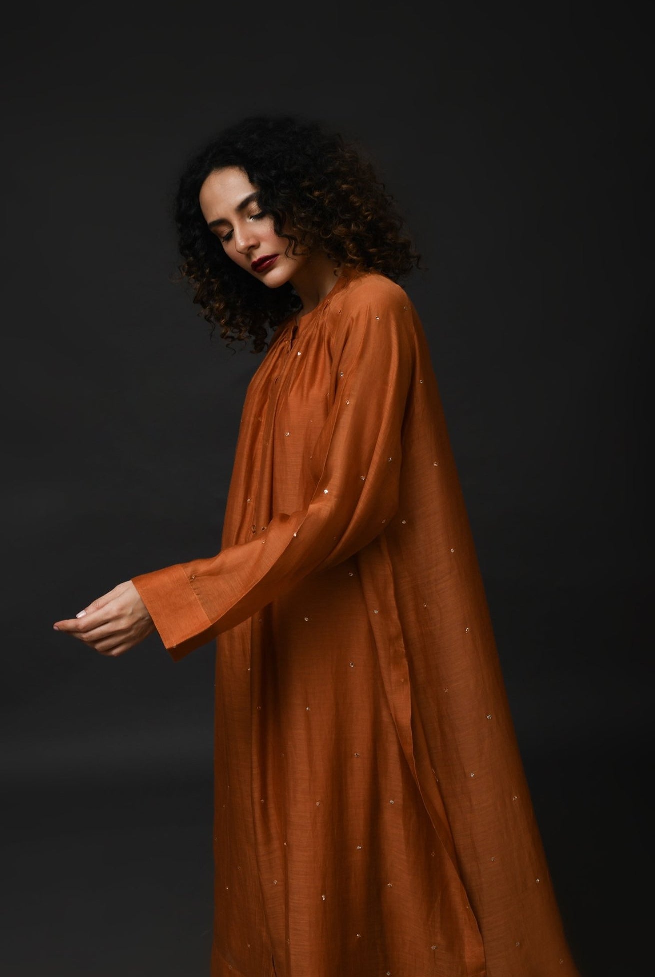 Neck Gather Metallic Dots Chanderi Co - Ord (Set of 2) - Copper - CiceroniKurta Set, Festive WearHiranya