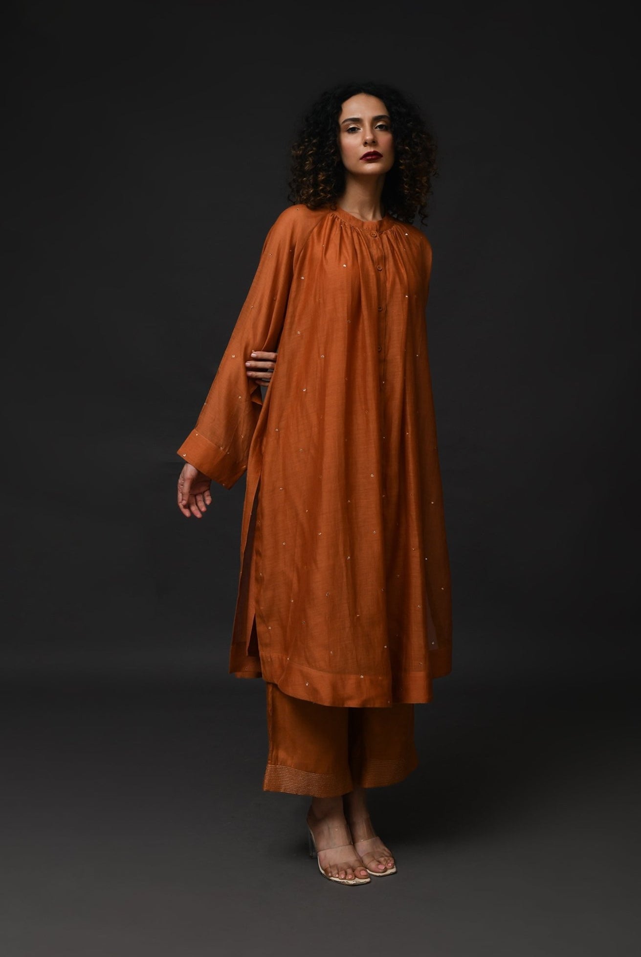 Neck Gather Metallic Dots Chanderi Co - Ord (Set of 2) - Copper - CiceroniKurta Set, Festive WearHiranya