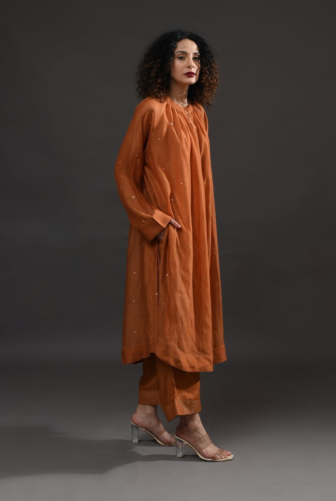 Neck Gather Metallic Dots Chanderi Co - Ord (Set of 2) - Copper - CiceroniKurta Set, Festive WearHiranya