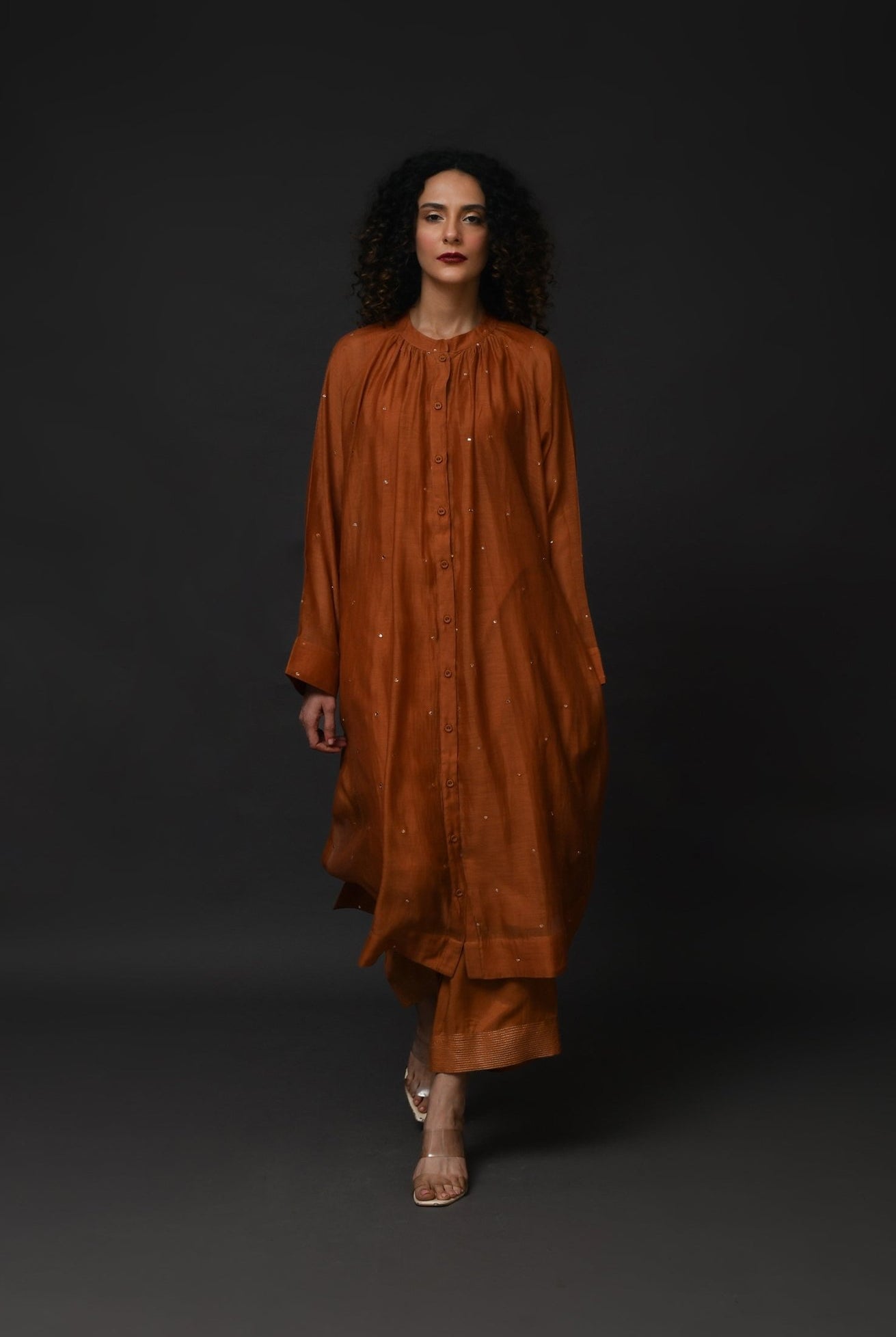 Neck Gather Metallic Dots Chanderi Co - Ord (Set of 2) - Copper - CiceroniKurta Set, Festive WearHiranya