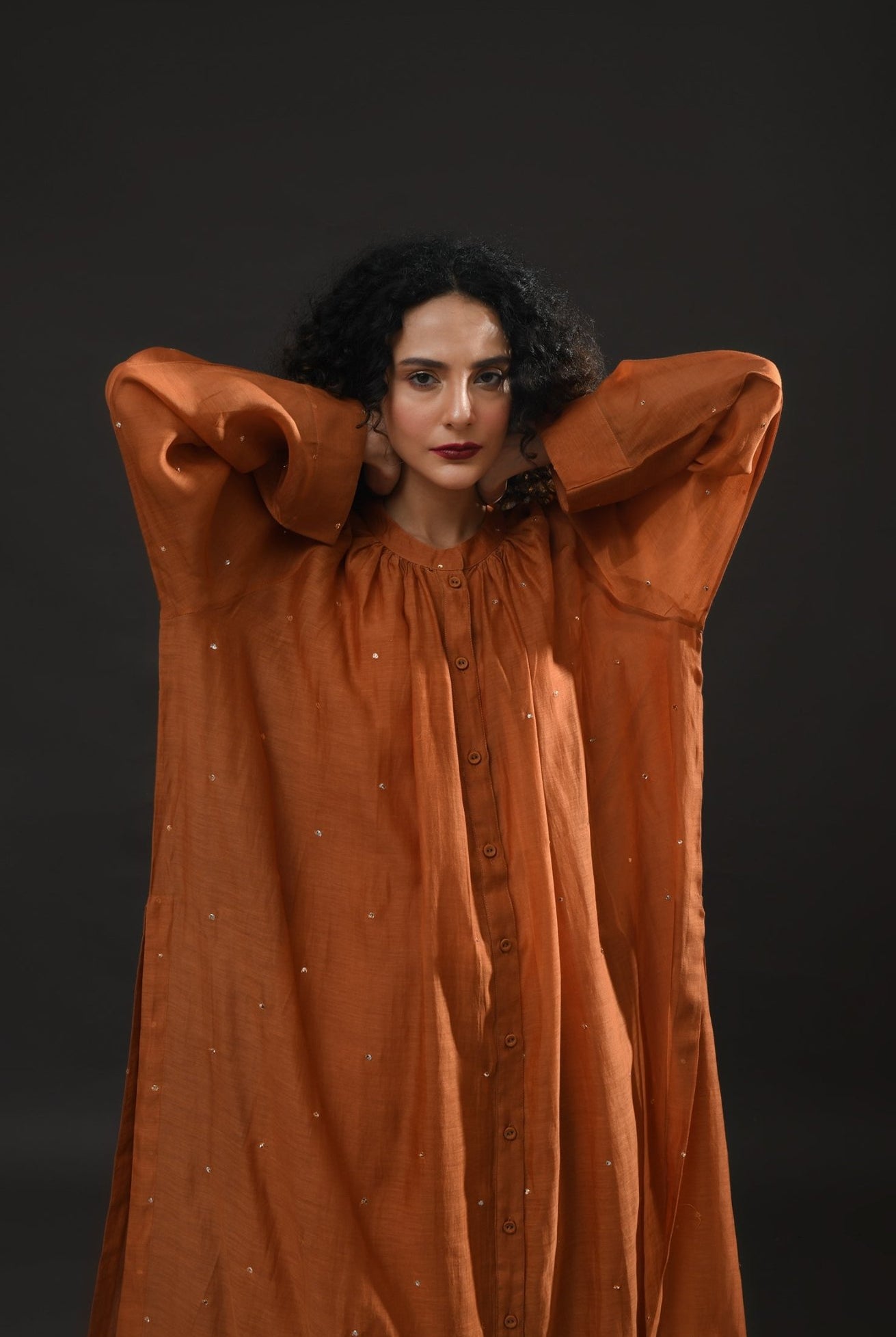 Neck Gather Metallic Dots Chanderi Co - Ord (Set of 2) - Copper - CiceroniKurta Set, Festive WearHiranya