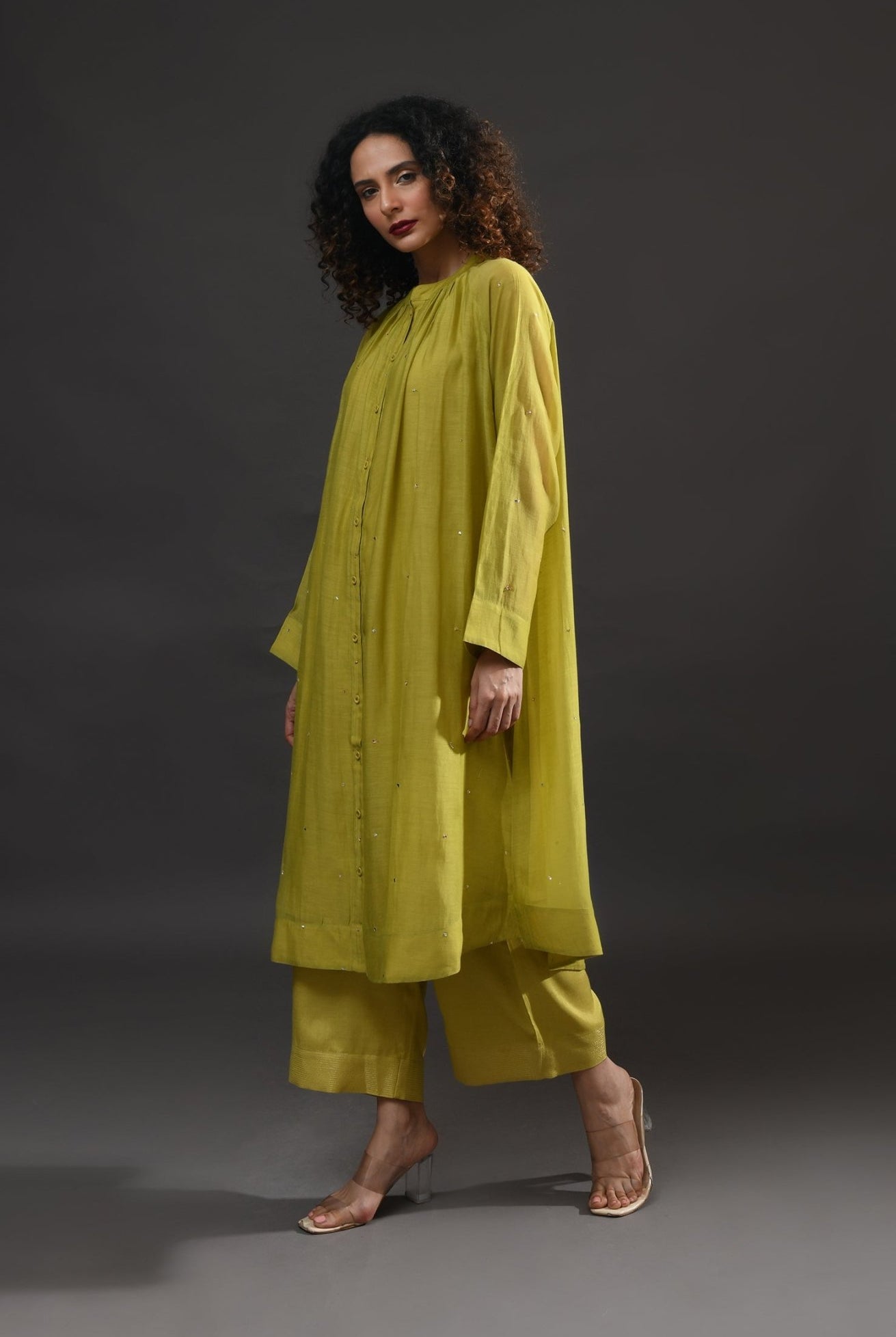 Neck Gather Metallic Dots Chanderi Co - Ord (Set of 2) - Pista Green - CiceroniKurta Set, Festive WearHiranya
