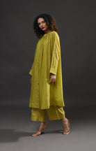 Neck Gather Metallic Dots Chanderi Co - Ord (Set of 2) - Pista Green - CiceroniKurta Set, Festive WearHiranya