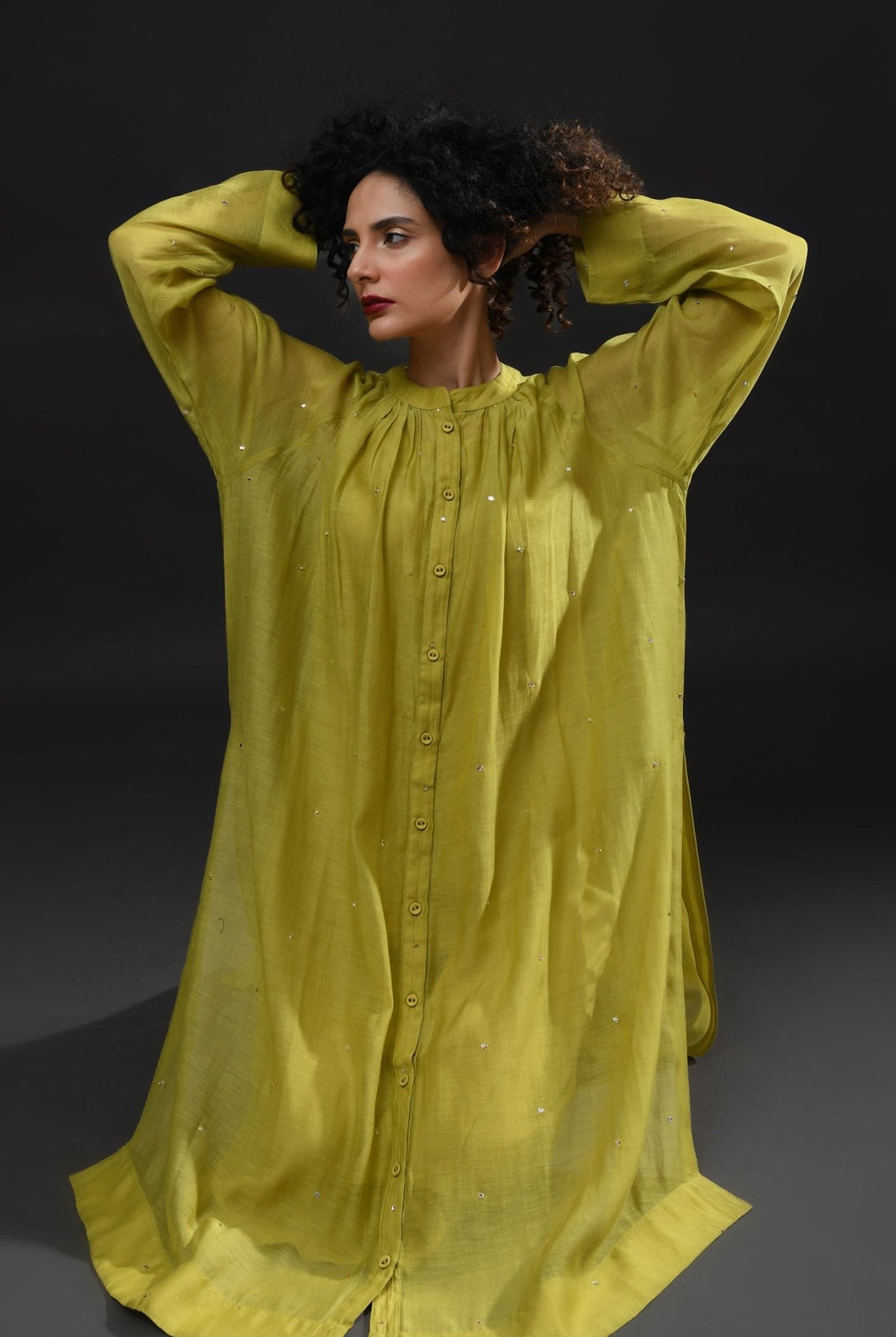 Neck Gather Metallic Dots Chanderi Co - Ord (Set of 2) - Pista Green - CiceroniKurta Set, Festive WearHiranya