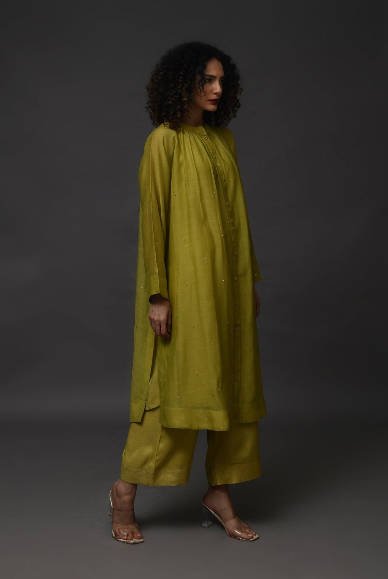 Neck Gather Metallic Dots Chanderi Co - Ord (Set of 2) - Pista Green - CiceroniKurta Set, Festive WearHiranya