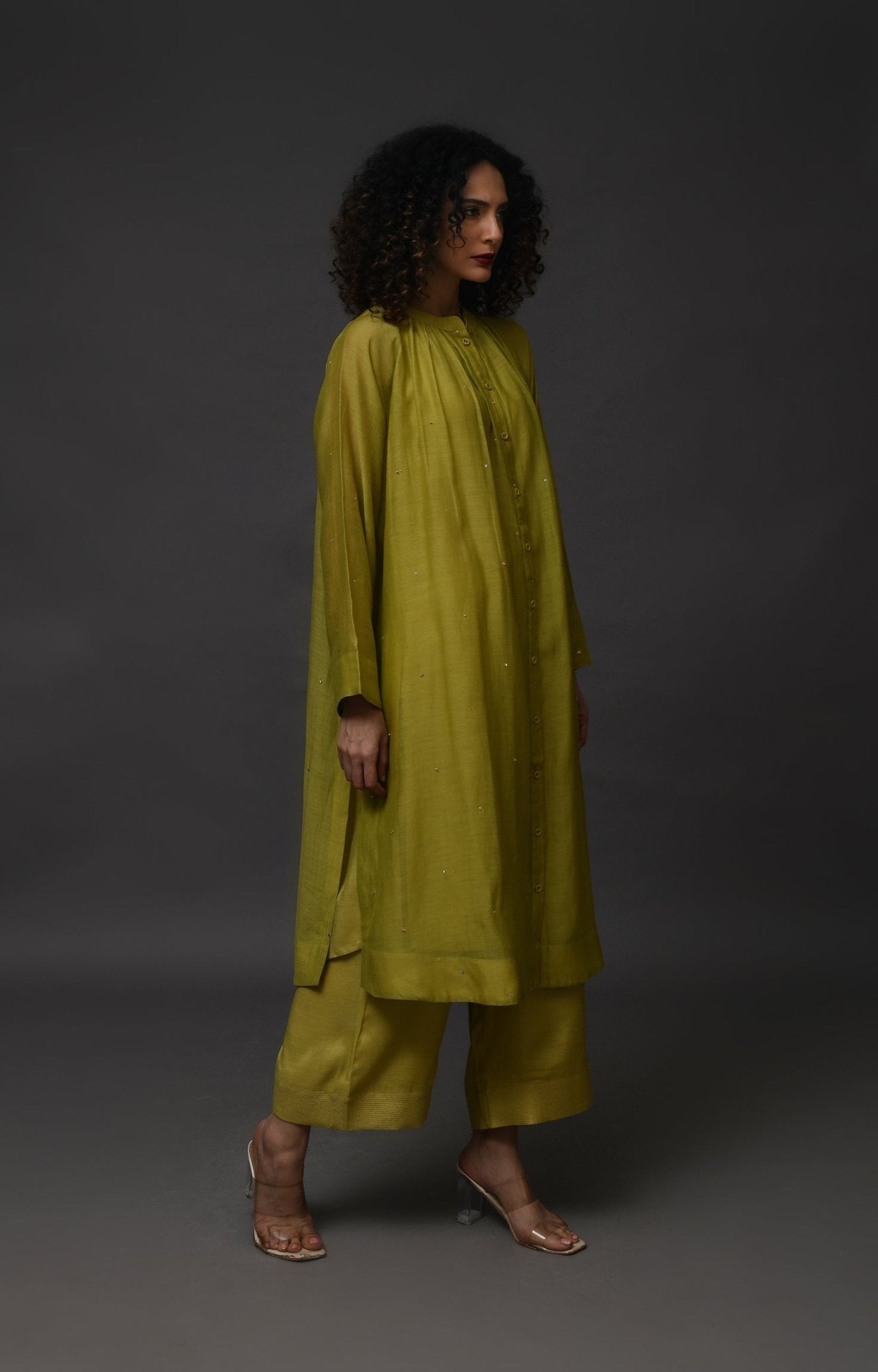 Neck Gather Metallic Dots Chanderi Co - Ord (Set of 2) - Pista Green - CiceroniKurta Set, Festive WearHiranya