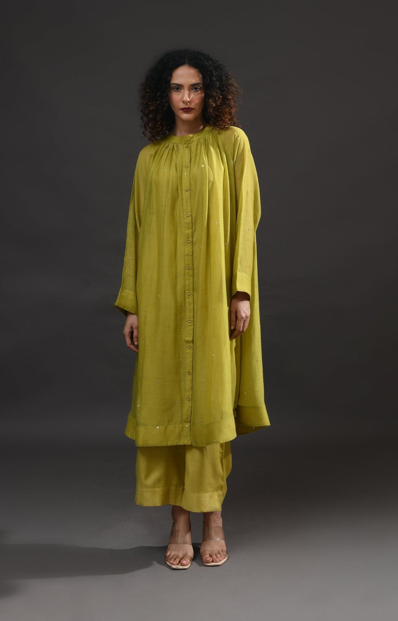 Neck Gather Metallic Dots Chanderi Co - Ord (Set of 2) - Pista Green - CiceroniKurta Set, Festive WearHiranya