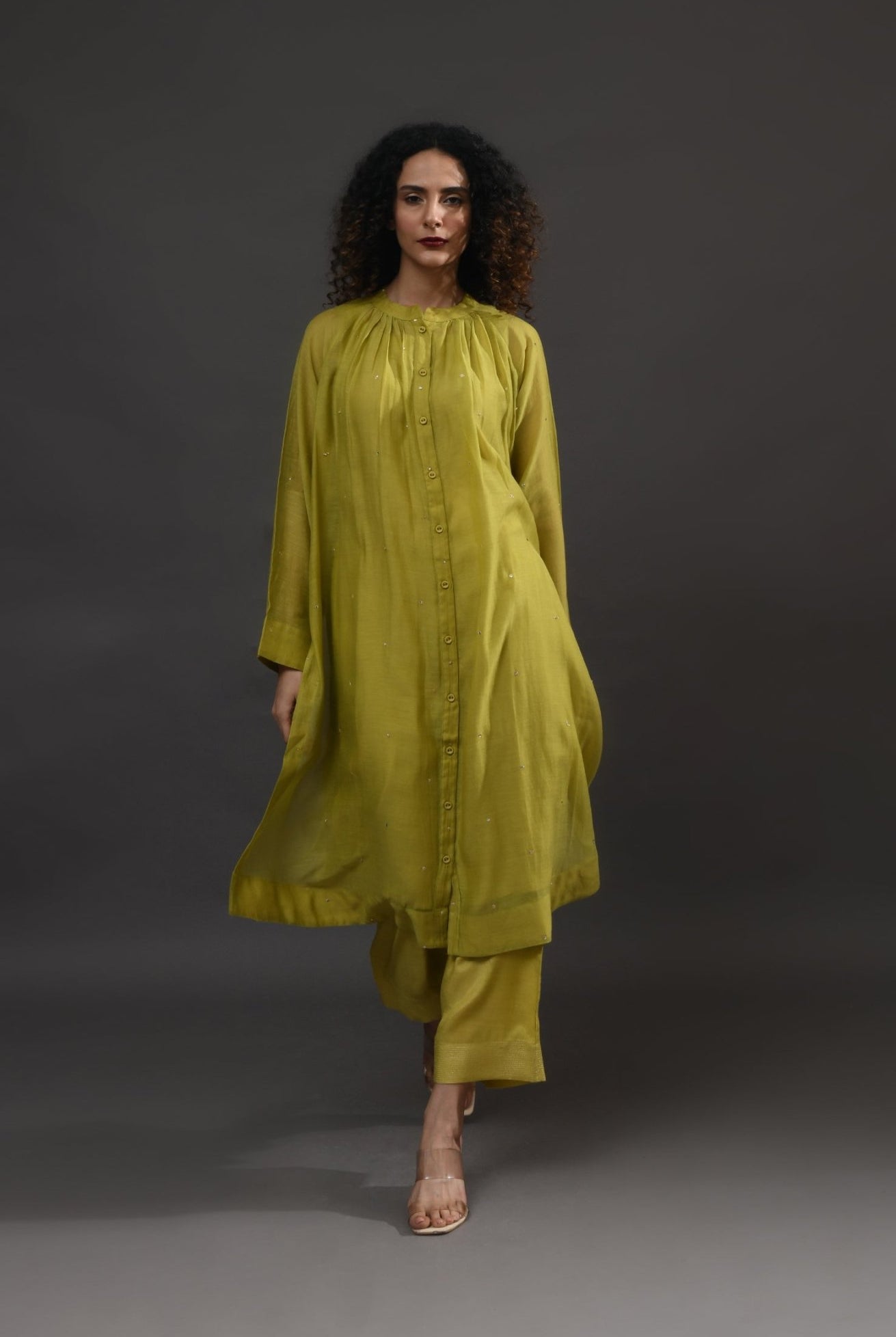 Neck Gather Metallic Dots Chanderi Co - Ord (Set of 2) - Pista Green - CiceroniKurta Set, Festive WearHiranya