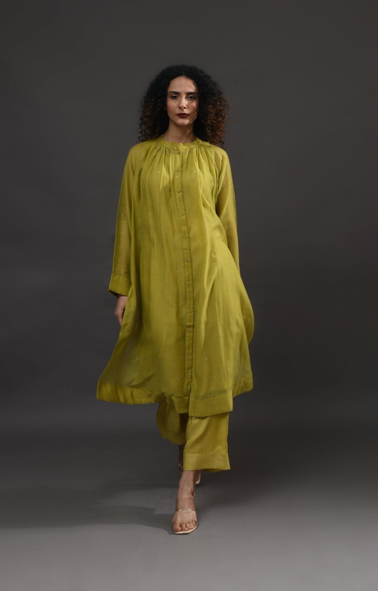 Neck Gather Metallic Dots Chanderi Co - Ord (Set of 2) - Pista Green - CiceroniKurta Set, Festive WearHiranya