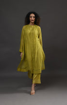 Neck Gather Metallic Dots Chanderi Co - Ord (Set of 2) - Pista Green - CiceroniKurta Set, Festive WearHiranya