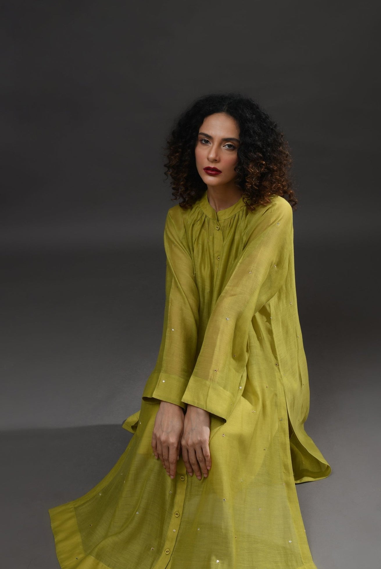 Neck Gather Metallic Dots Chanderi Co - Ord (Set of 2) - Pista Green - CiceroniKurta Set, Festive WearHiranya