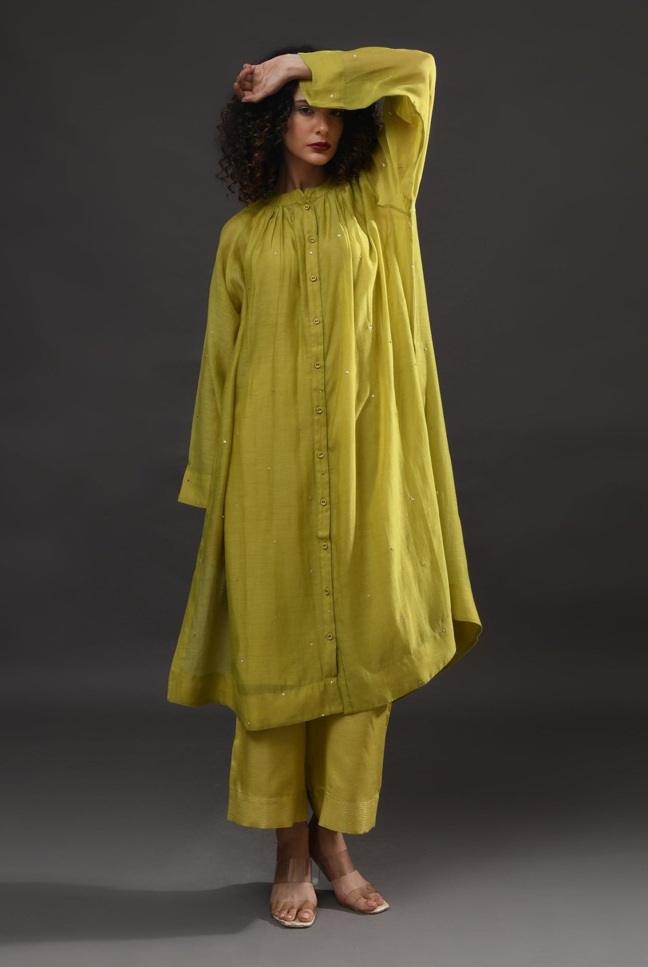 Neck Gather Metallic Dots Chanderi Co - Ord (Set of 2) - Pista Green - CiceroniKurta Set, Festive WearHiranya
