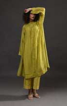 Neck Gather Metallic Dots Chanderi Co - Ord (Set of 2) - Pista Green - CiceroniKurta Set, Festive WearHiranya