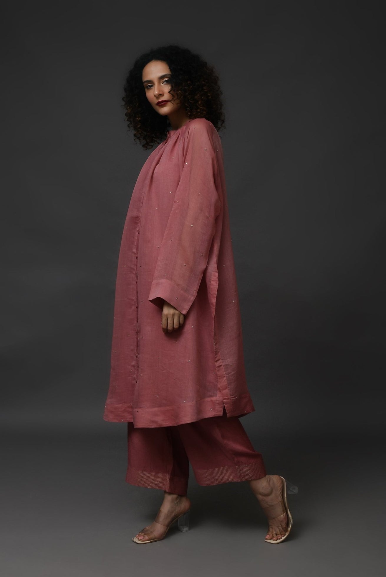 Neck Gather Metallic Dots Chanderi Co - Ord (Set of 2) - Rose Pink - CiceroniKurta Set, Festive WearHiranya