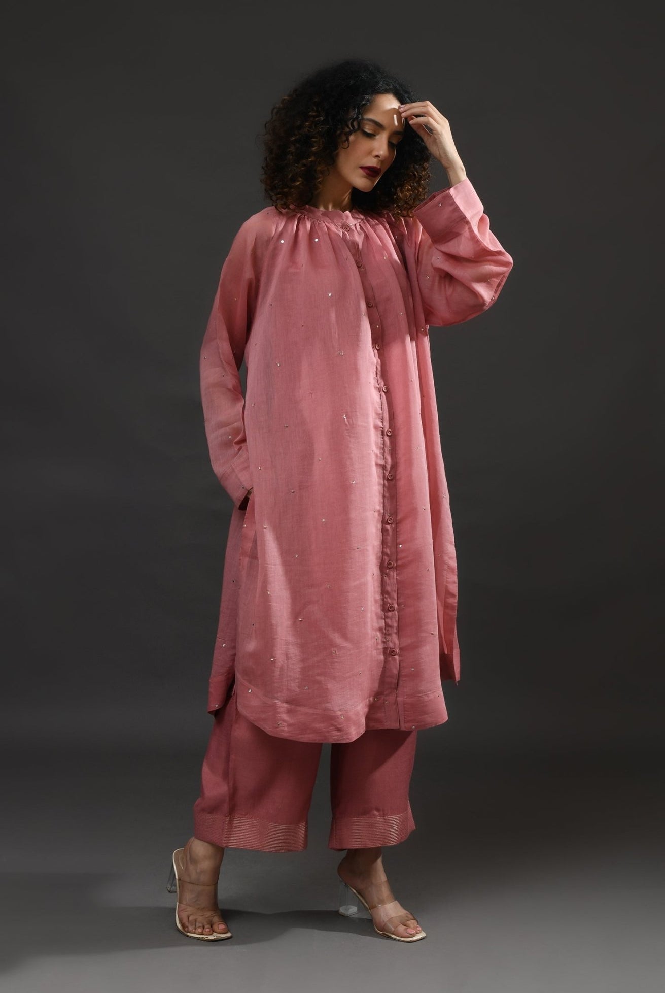 Neck Gather Metallic Dots Chanderi Co - Ord (Set of 2) - Rose Pink - CiceroniKurta Set, Festive WearHiranya