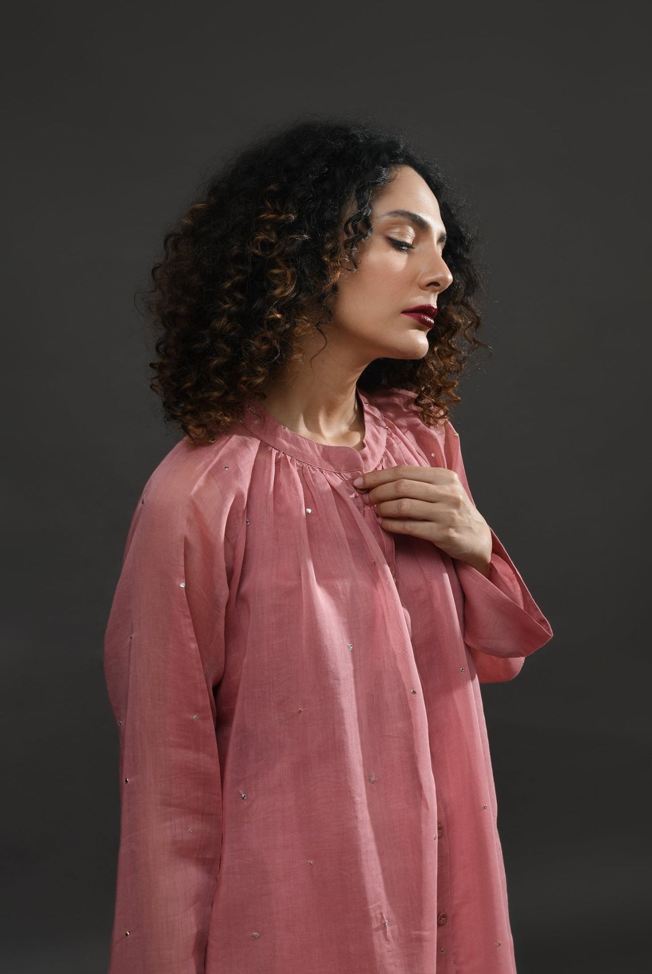 Neck Gather Metallic Dots Chanderi Co - Ord (Set of 2) - Rose Pink - CiceroniKurta Set, Festive WearHiranya
