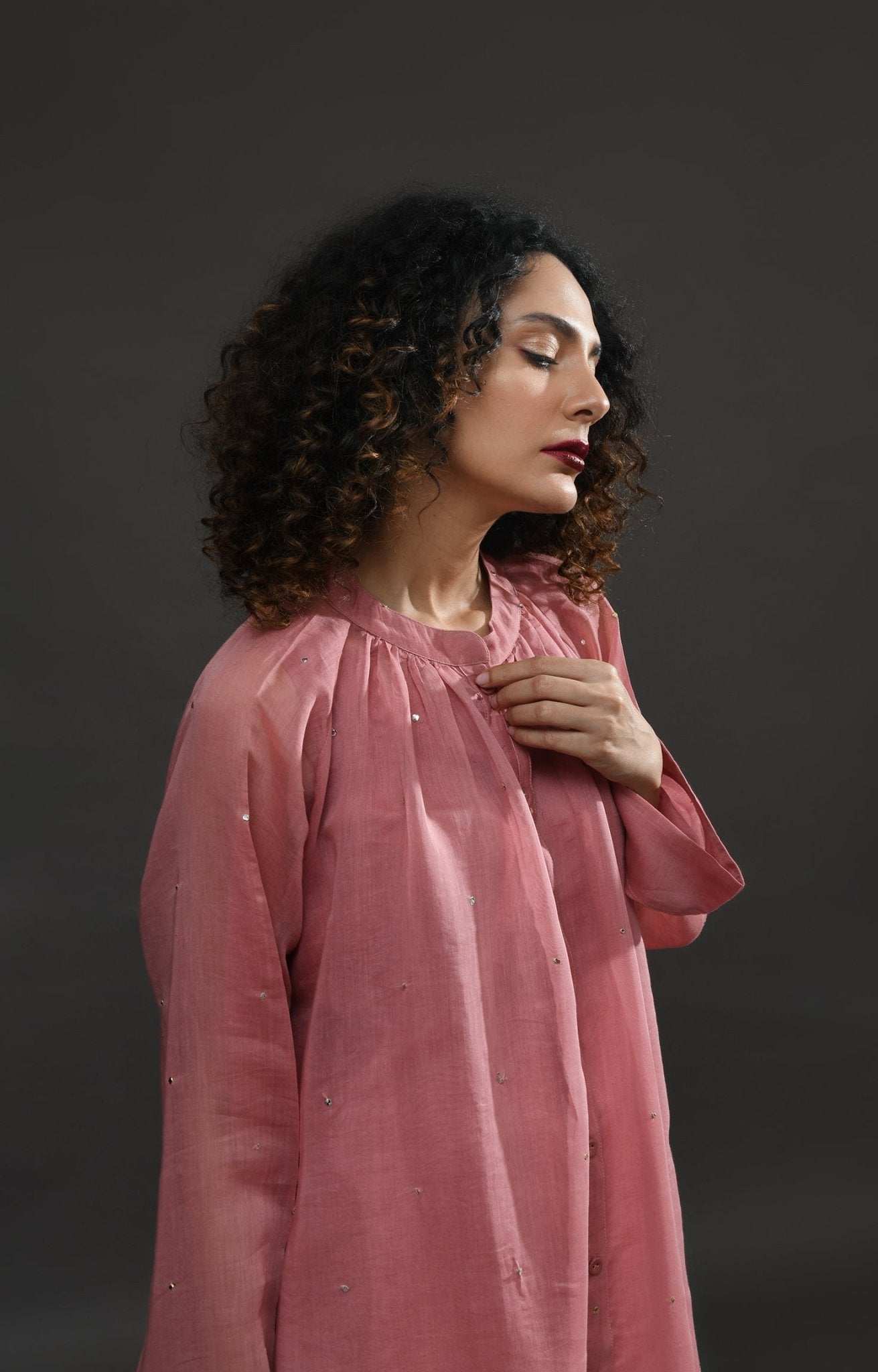 Neck Gather Metallic Dots Chanderi Co - Ord (Set of 2) - Rose Pink - CiceroniKurta Set, Festive WearHiranya