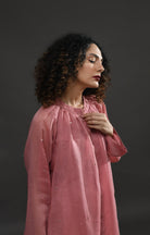 Neck Gather Metallic Dots Chanderi Co - Ord (Set of 2) - Rose Pink - CiceroniKurta Set, Festive WearHiranya