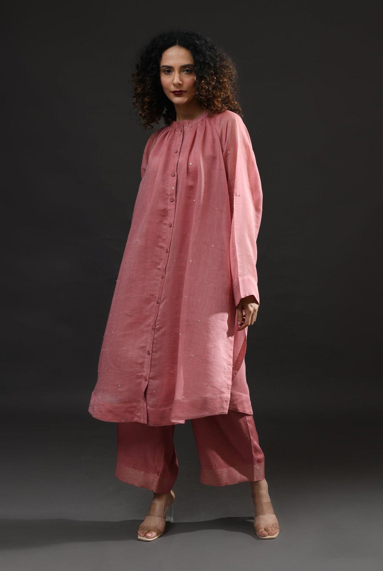 Neck Gather Metallic Dots Chanderi Co - Ord (Set of 2) - Rose Pink - CiceroniKurta Set, Festive WearHiranya