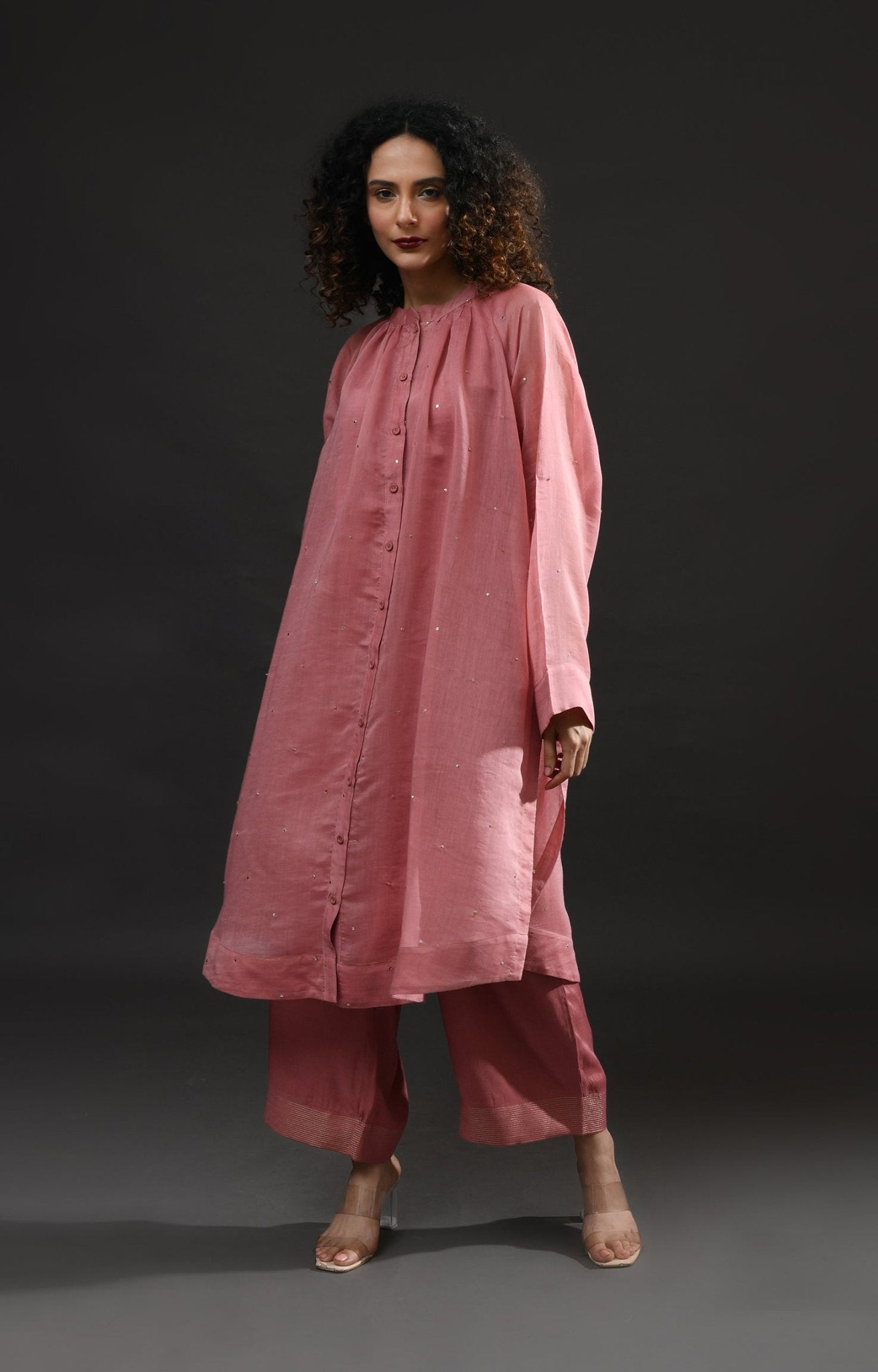 Neck Gather Metallic Dots Chanderi Co - Ord (Set of 2) - Rose Pink - CiceroniKurta Set, Festive WearHiranya