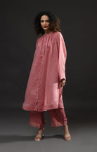 Neck Gather Metallic Dots Chanderi Co - Ord (Set of 2) - Rose Pink - CiceroniKurta Set, Festive WearHiranya