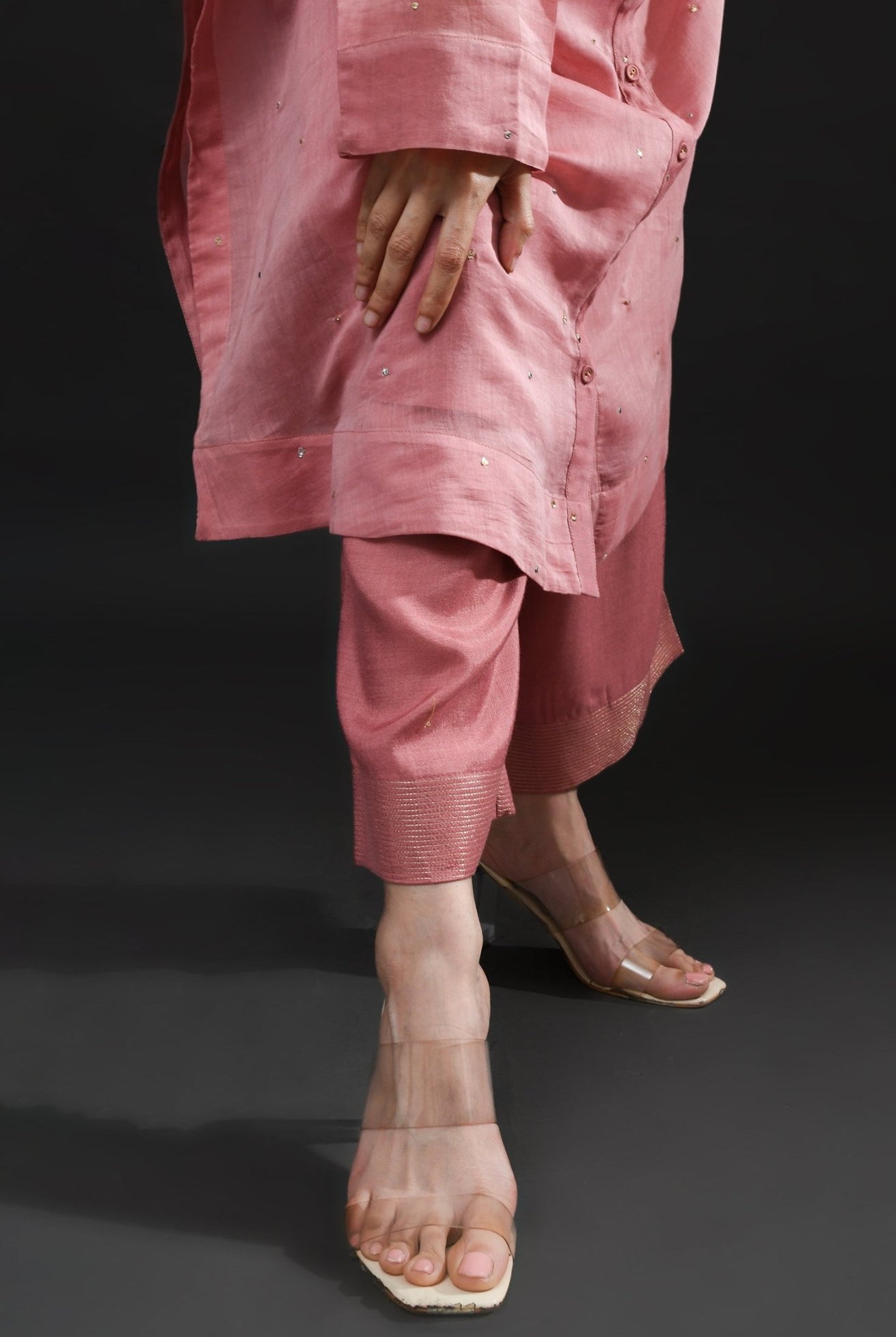 Neck Gather Metallic Dots Chanderi Co - Ord (Set of 2) - Rose Pink - CiceroniKurta Set, Festive WearHiranya