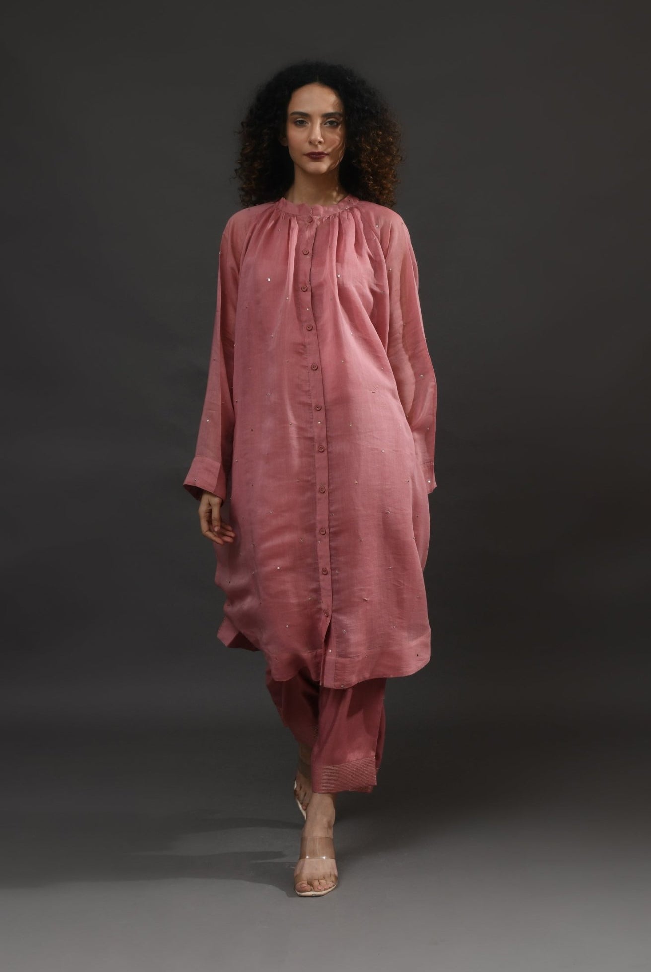 Neck Gather Metallic Dots Chanderi Co - Ord (Set of 2) - Rose Pink - CiceroniKurta Set, Festive WearHiranya