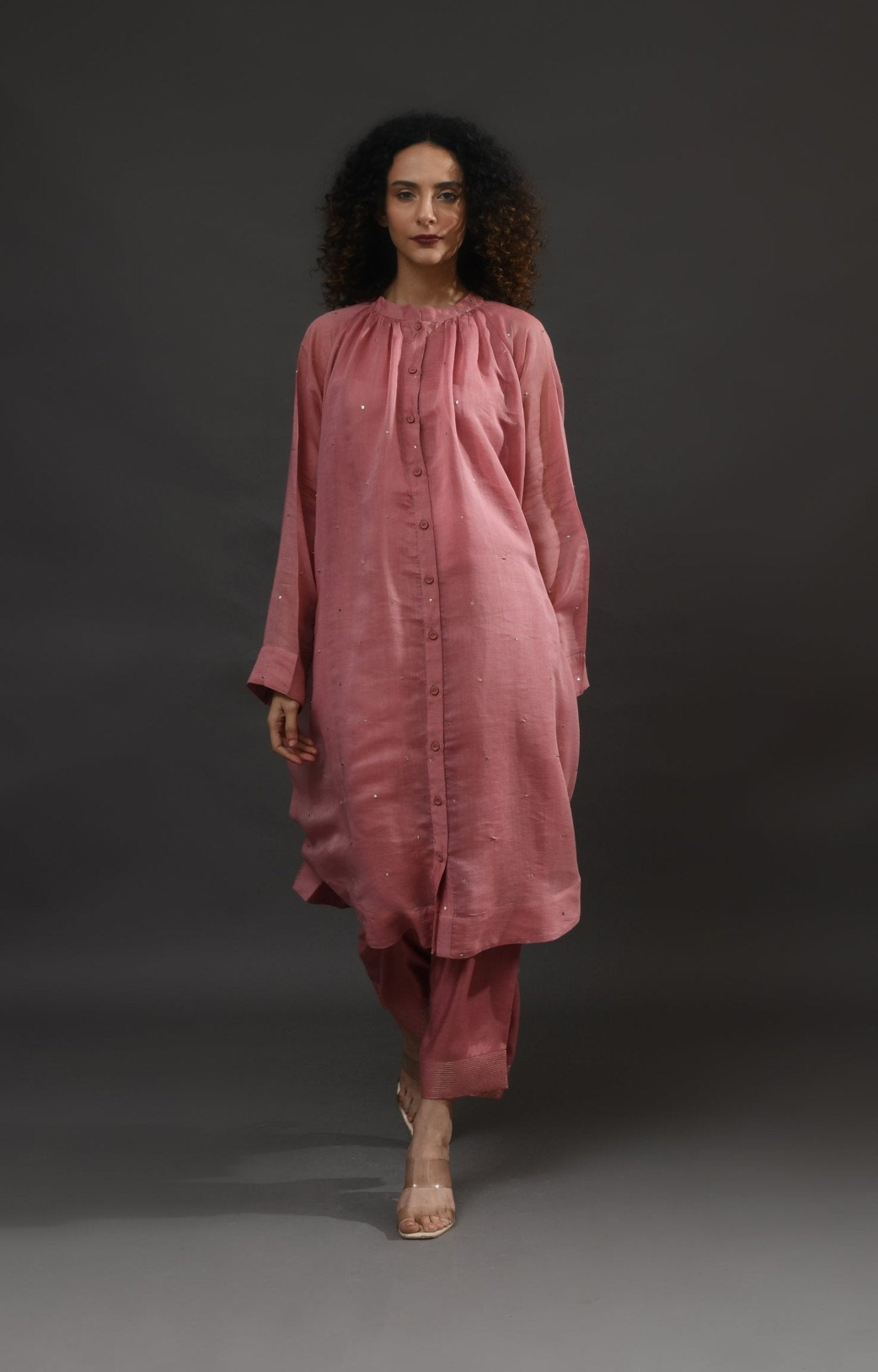 Neck Gather Metallic Dots Chanderi Co - Ord (Set of 2) - Rose Pink - CiceroniKurta Set, Festive WearHiranya