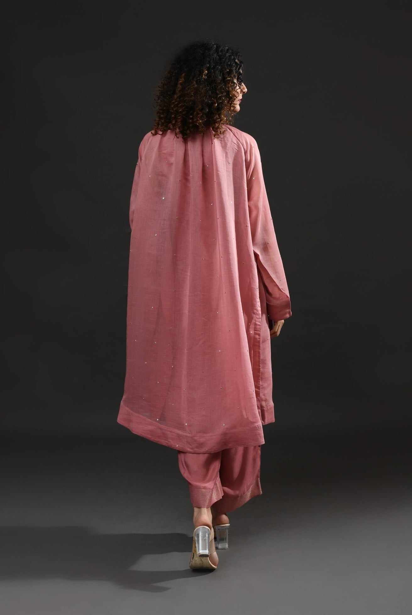 Neck Gather Metallic Dots Chanderi Co - Ord (Set of 2) - Rose Pink - CiceroniKurta Set, Festive WearHiranya
