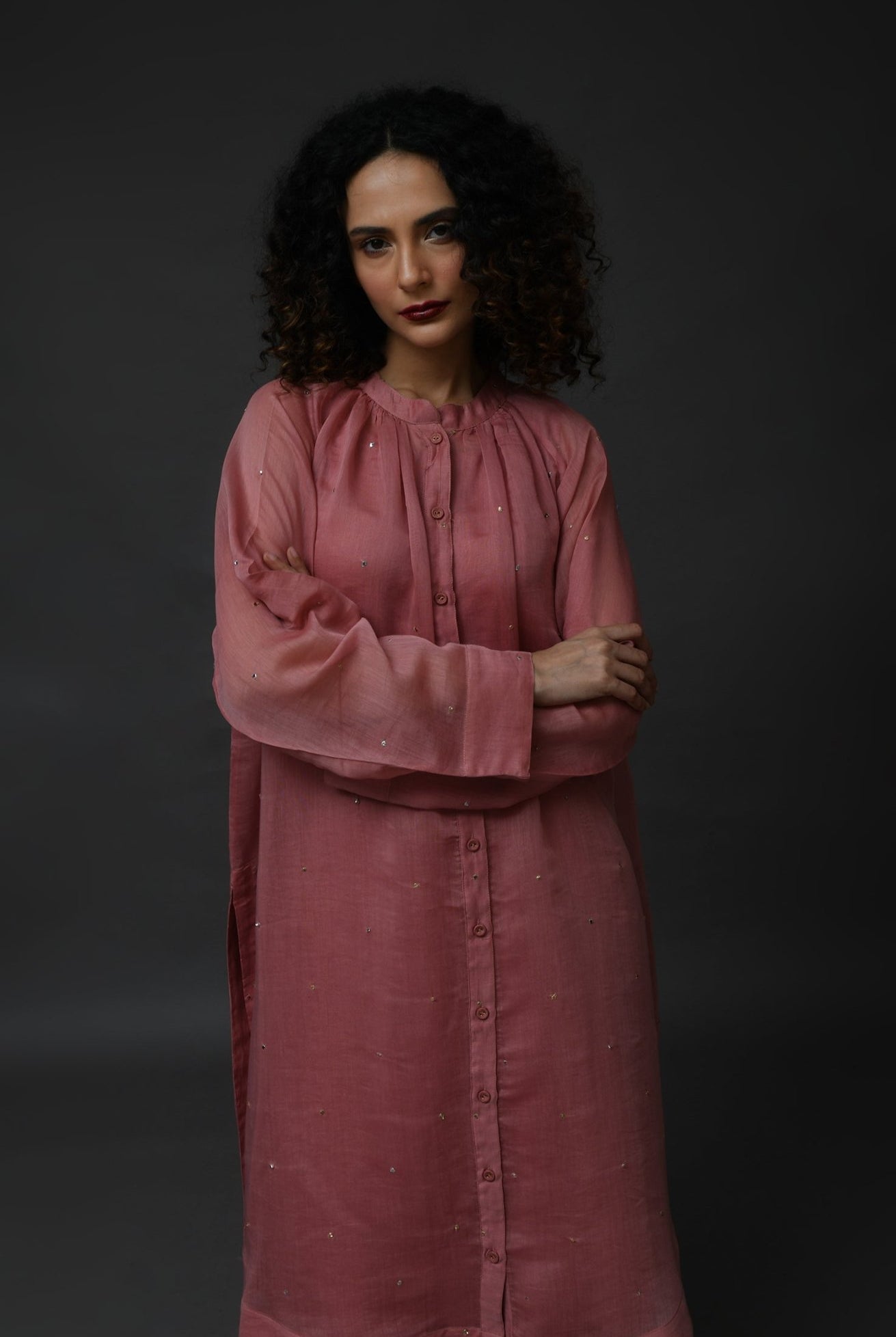 Neck Gather Metallic Dots Chanderi Co - Ord (Set of 2) - Rose Pink - CiceroniKurta Set, Festive WearHiranya