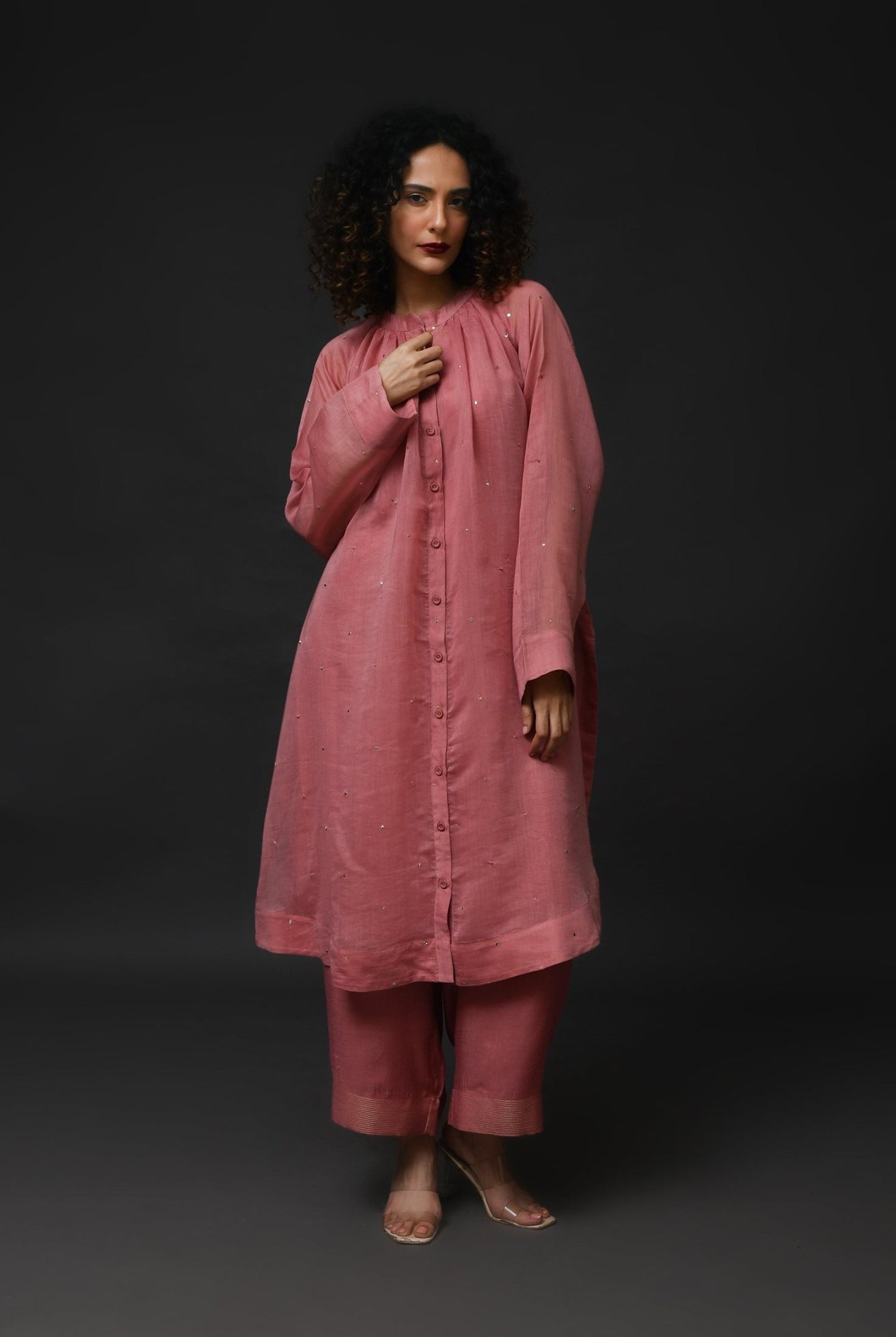 Neck Gather Metallic Dots Chanderi Co - Ord (Set of 2) - Rose Pink - CiceroniKurta Set, Festive WearHiranya