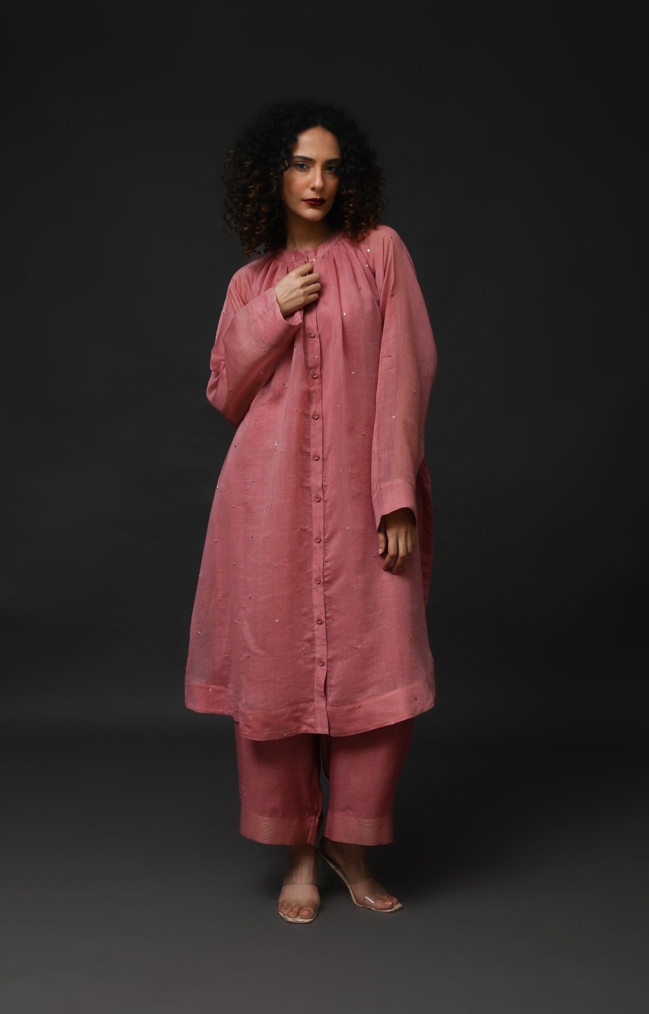 Neck Gather Metallic Dots Chanderi Co - Ord (Set of 2) - Rose Pink - CiceroniKurta Set, Festive WearHiranya