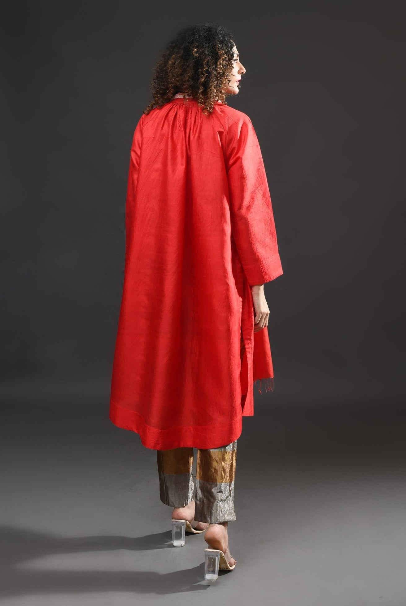 Neck Gather Mulberry Silk Kurta with Tissue Pants (Set of 3) - Crimson - CiceroniKurta Set, Festive WearHiranya