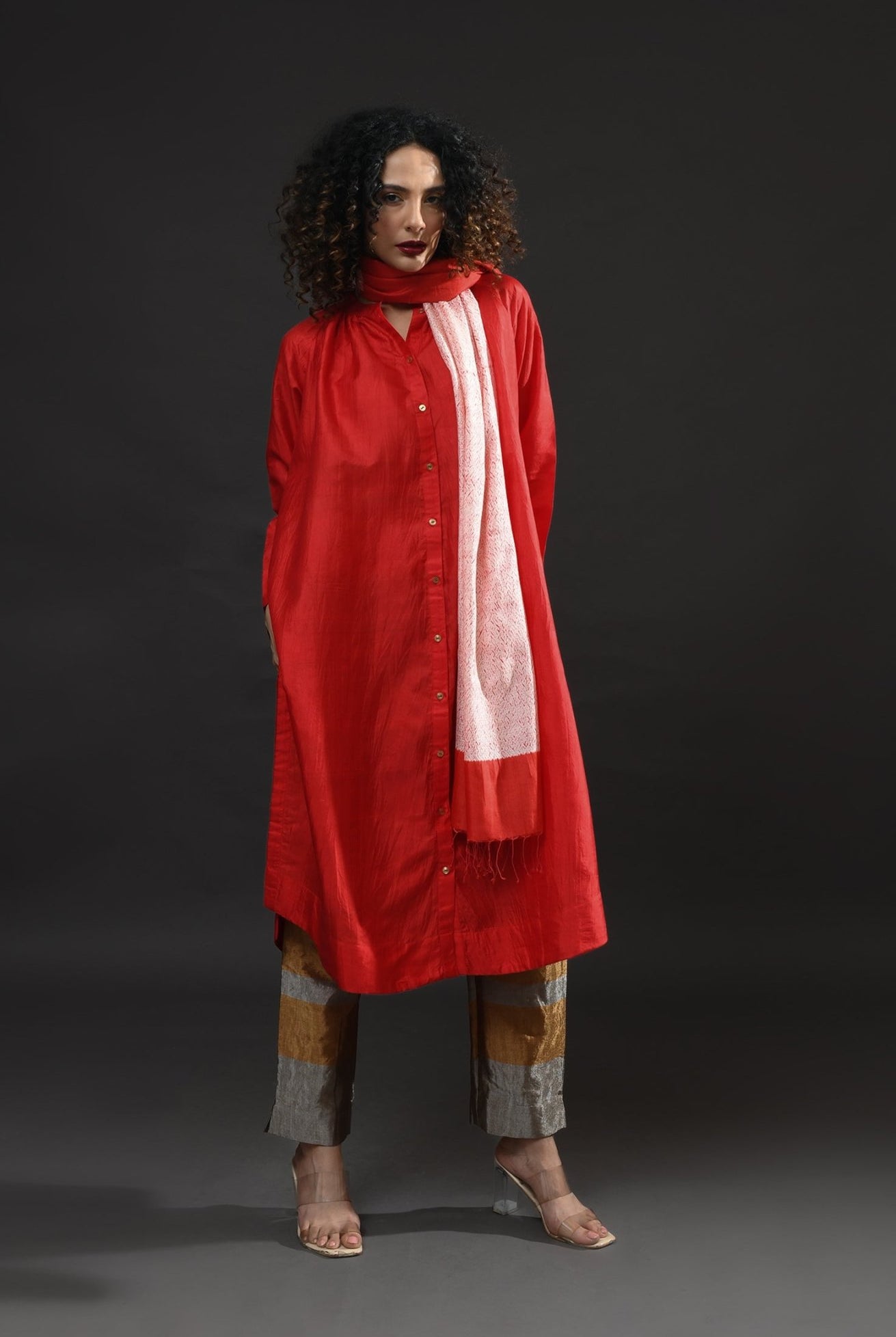 Neck Gather Mulberry Silk Kurta with Tissue Pants (Set of 3) - Crimson - CiceroniKurta Set, Festive WearHiranya