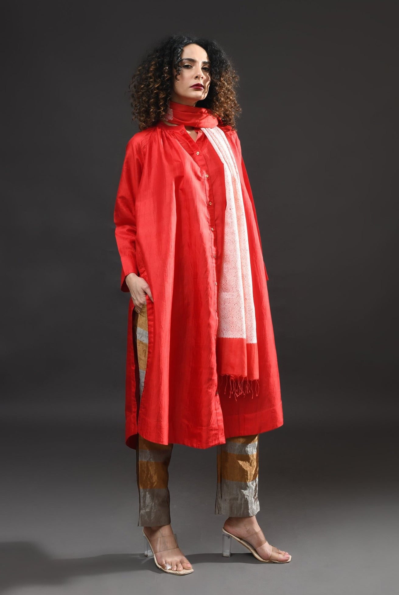 Neck Gather Mulberry Silk Kurta with Tissue Pants (Set of 3) - Crimson - CiceroniKurta Set, Festive WearHiranya