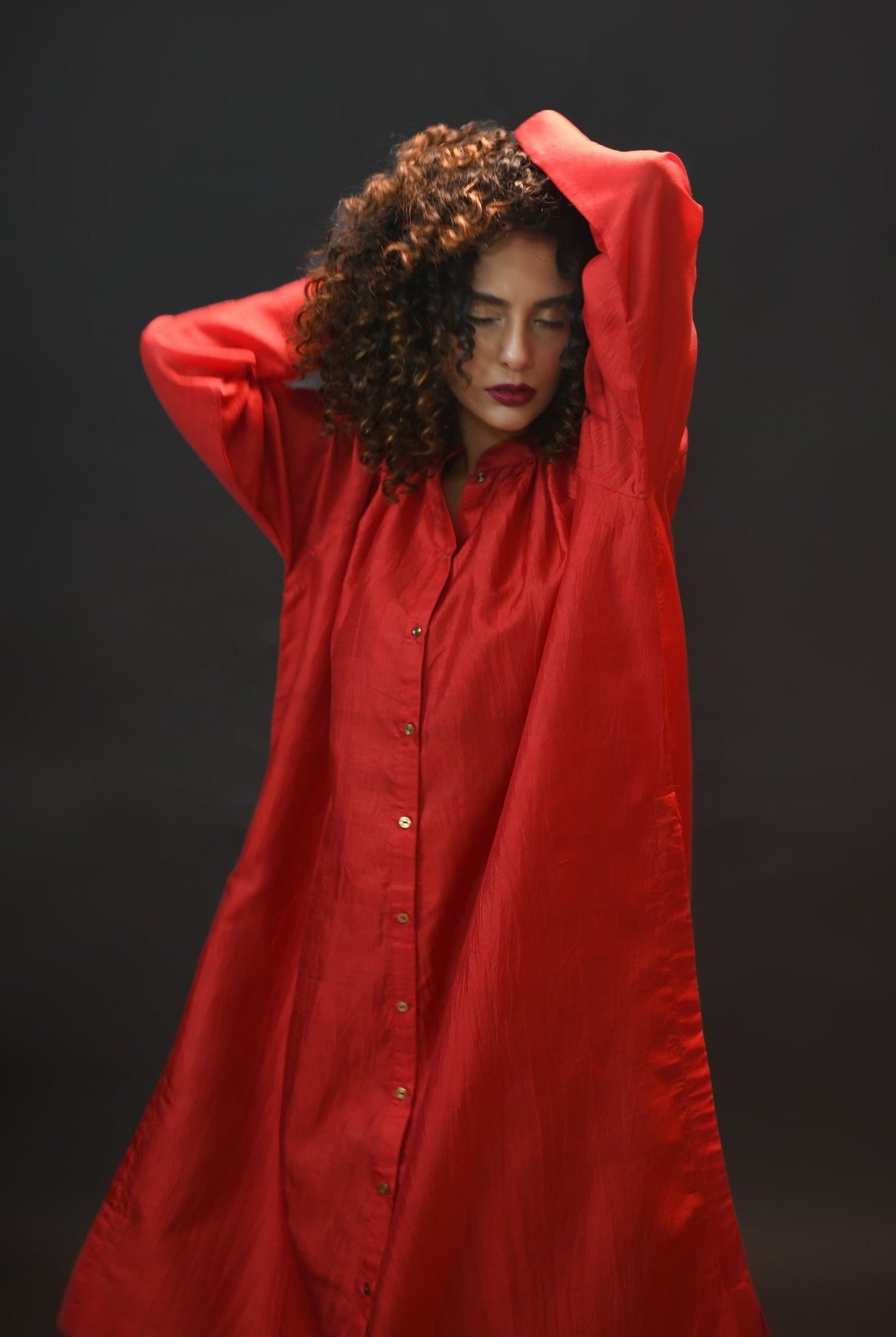 Neck Gather Mulberry Silk Kurta with Tissue Pants (Set of 3) - Crimson - CiceroniKurta Set, Festive WearHiranya