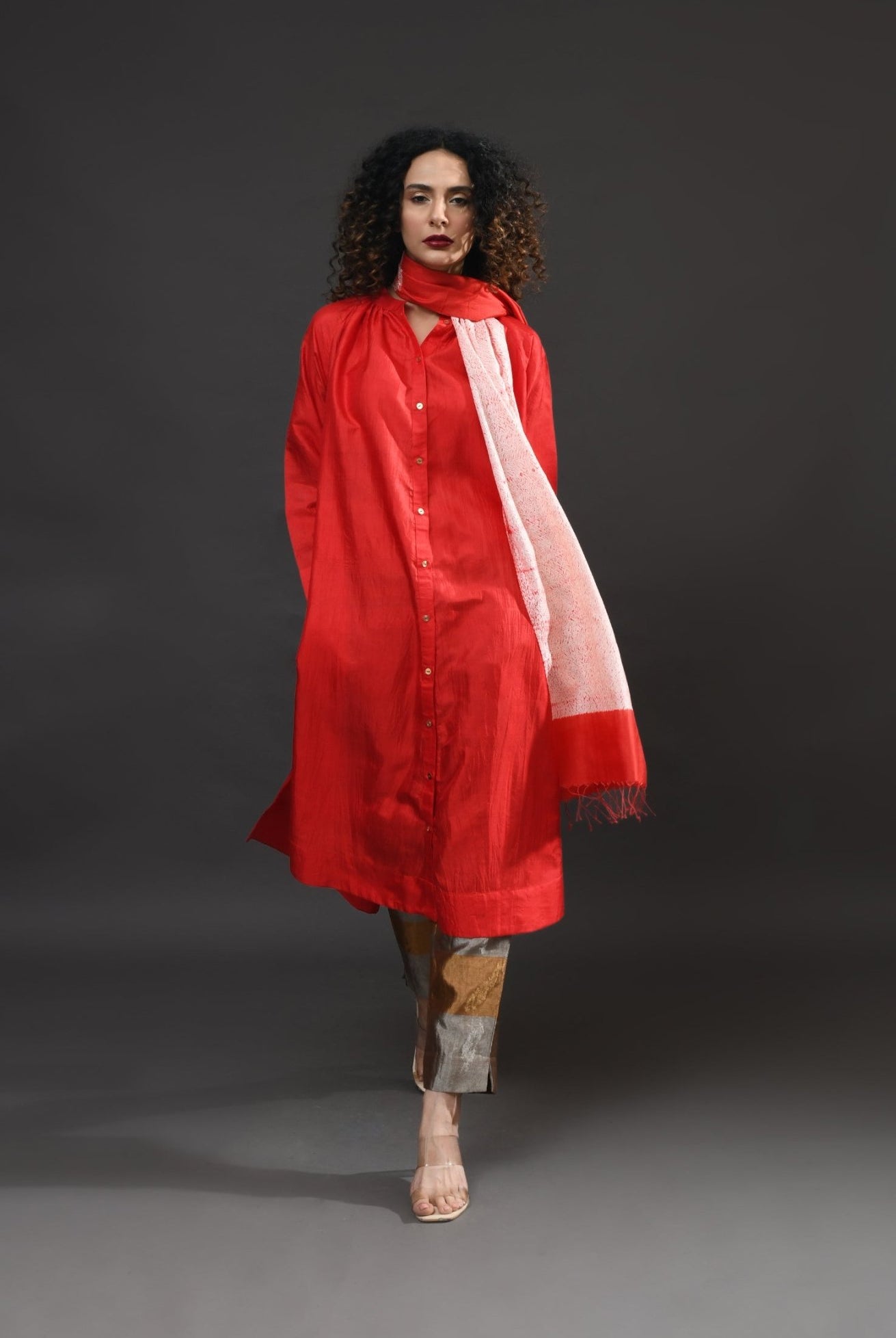 Neck Gather Mulberry Silk Kurta with Tissue Pants (Set of 3) - Crimson - CiceroniKurta Set, Festive WearHiranya