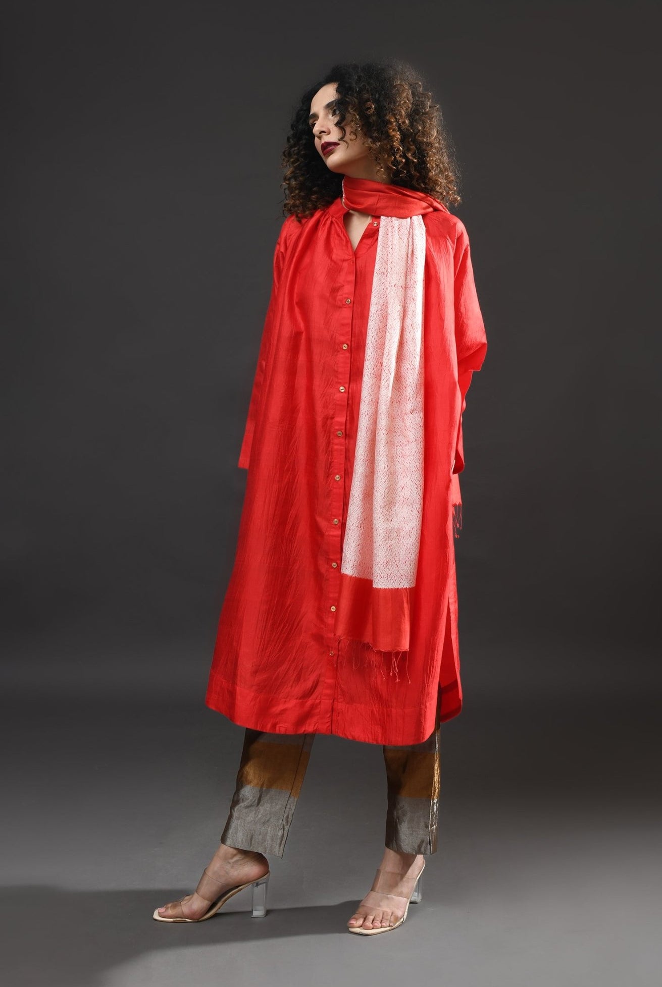 Neck Gather Mulberry Silk Kurta with Tissue Pants (Set of 3) - Crimson - CiceroniKurta Set, Festive WearHiranya