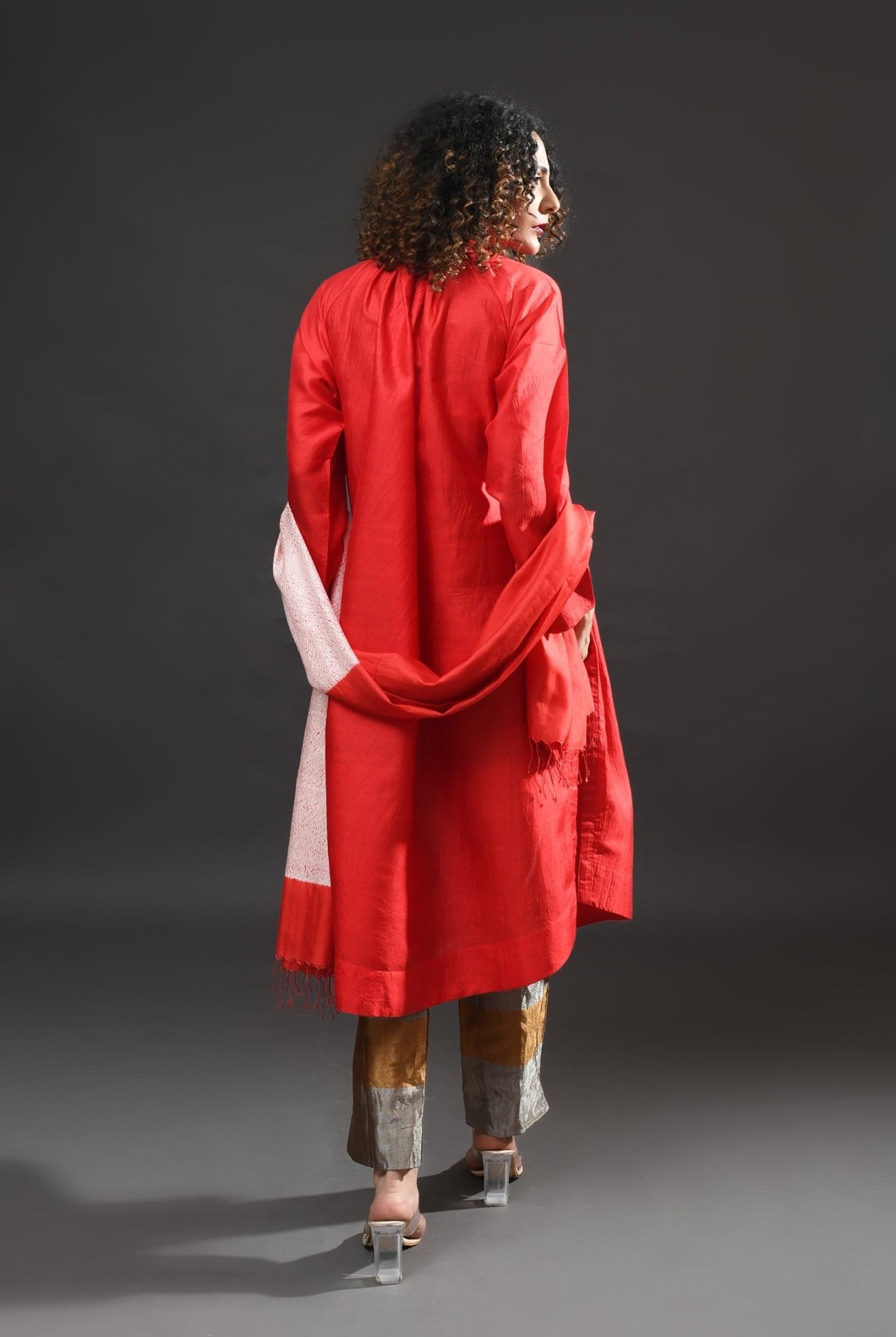 Neck Gather Mulberry Silk Kurta with Tissue Pants (Set of 3) - Crimson - CiceroniKurta Set, Festive WearHiranya