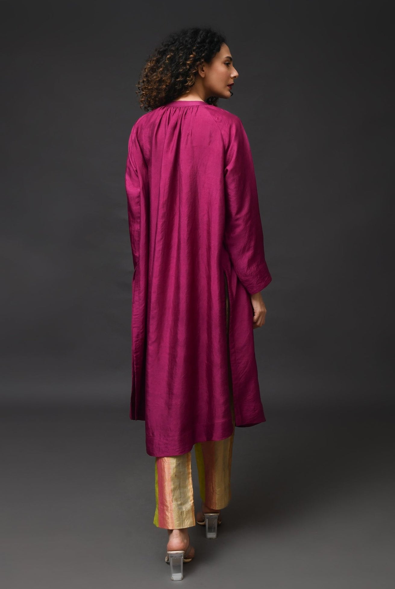 Neck Gather Mulberry Silk Kurta with Tissue Pants (Set of 3) - Wine - CiceroniKurta Set, Festive WearHiranya