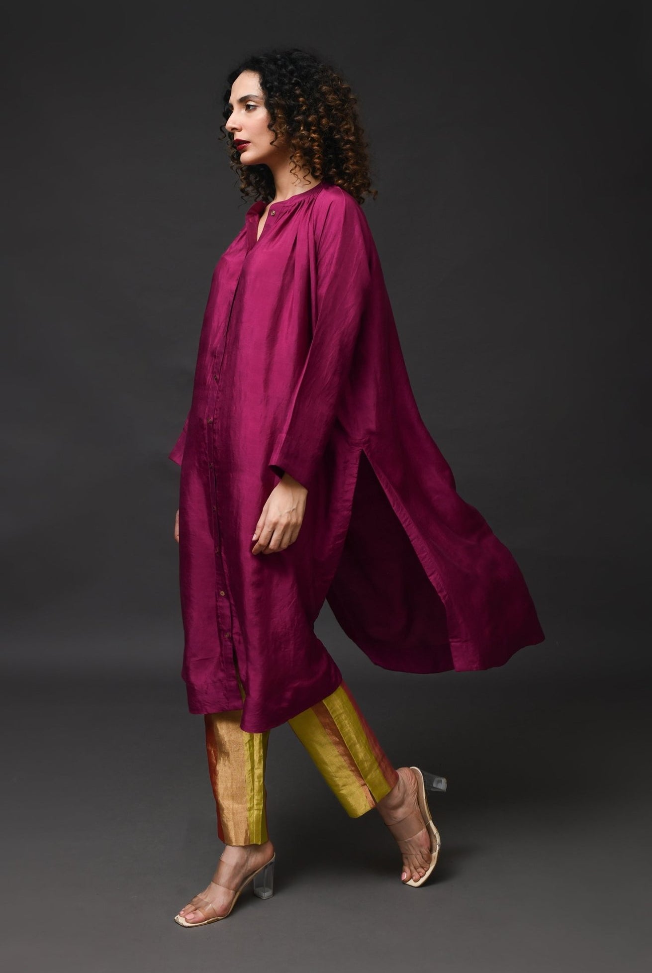 Neck Gather Mulberry Silk Kurta with Tissue Pants (Set of 3) - Wine - CiceroniKurta Set, Festive WearHiranya