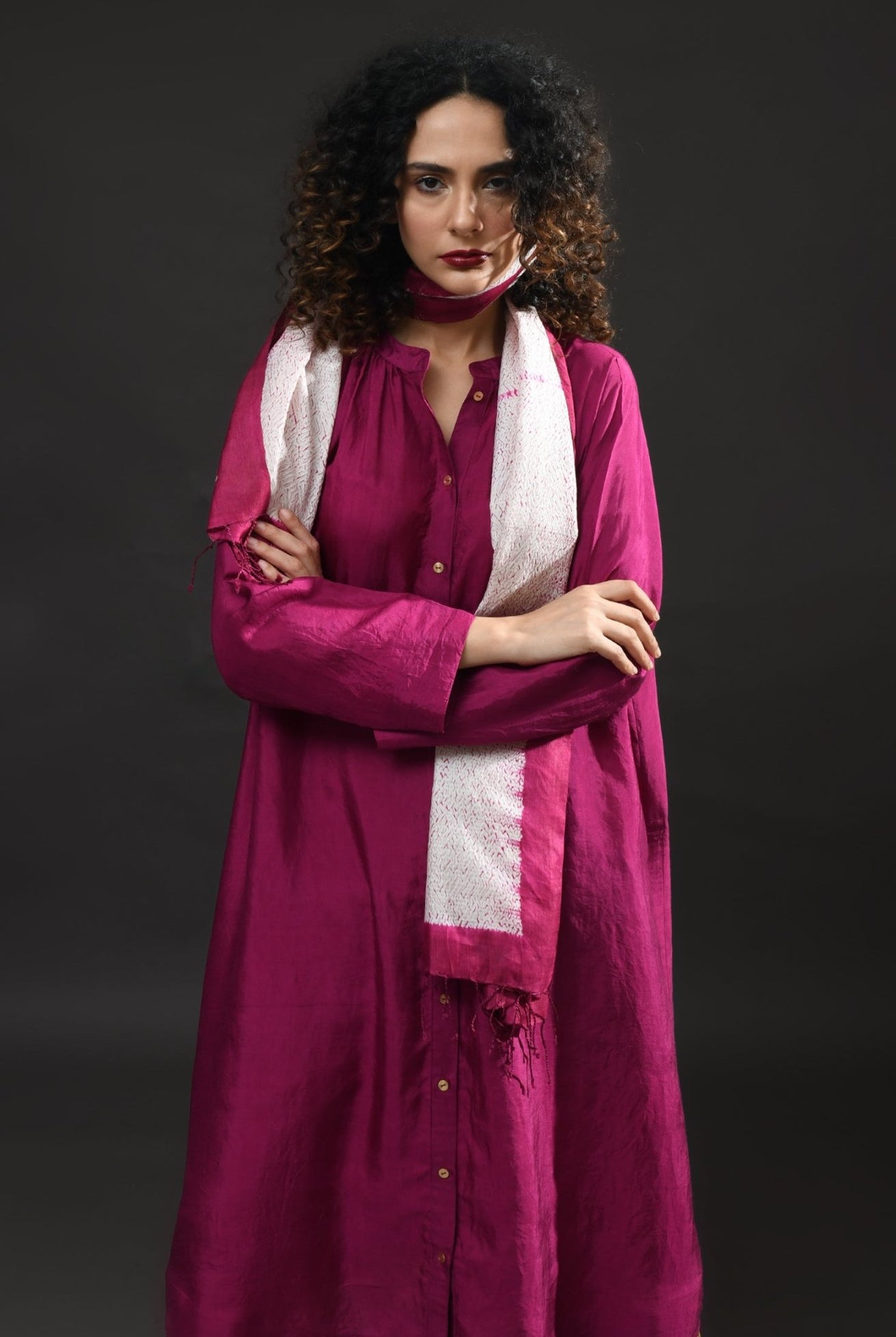 Neck Gather Mulberry Silk Kurta with Tissue Pants (Set of 3) - Wine - CiceroniKurta Set, Festive WearHiranya