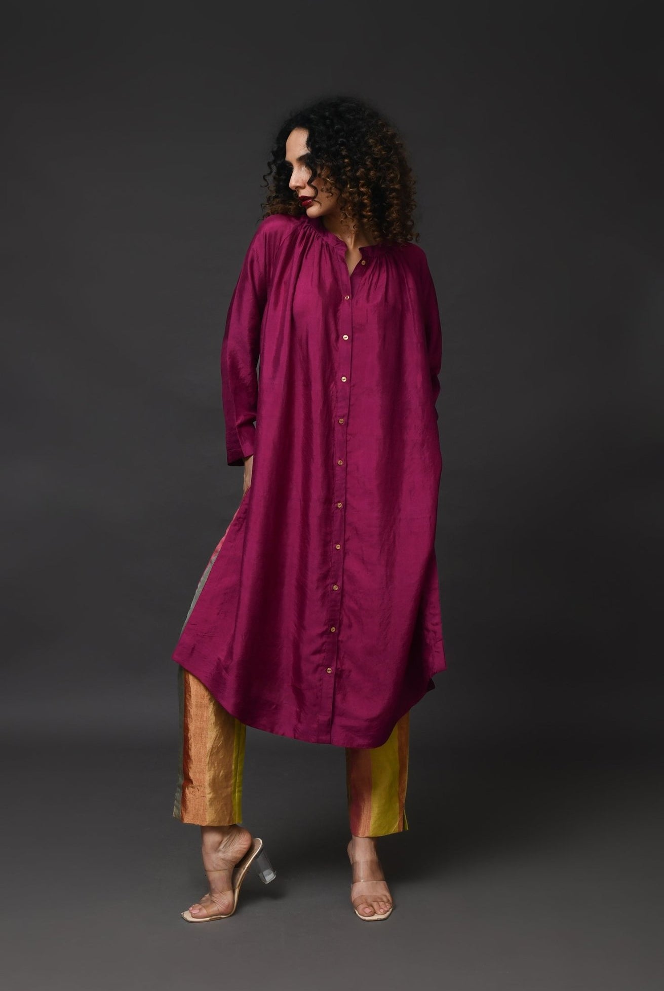 Neck Gather Mulberry Silk Kurta with Tissue Pants (Set of 3) - Wine - CiceroniKurta Set, Festive WearHiranya
