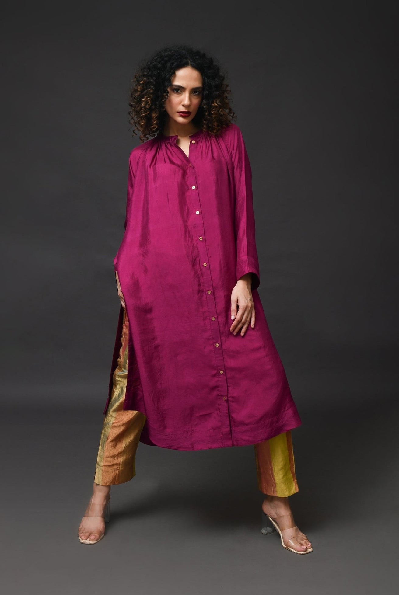 Neck Gather Mulberry Silk Kurta with Tissue Pants (Set of 3) - Wine - CiceroniKurta Set, Festive WearHiranya