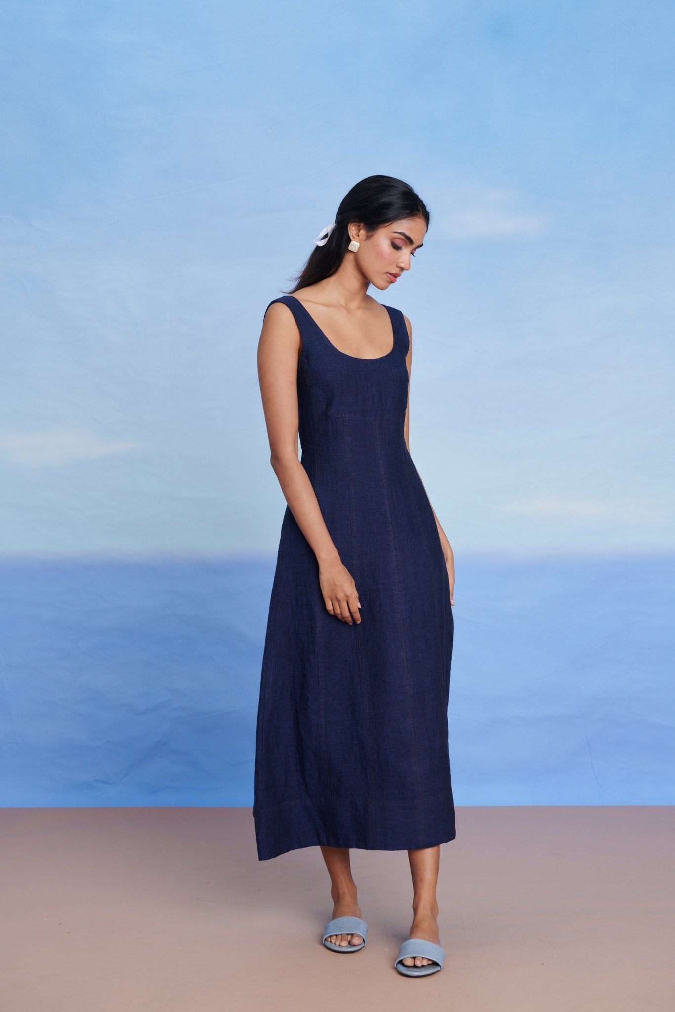 Neel Linen Denim Panelled Dress - CiceroniDressesSaphed