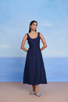 Neel Linen Denim Panelled Dress - CiceroniDressesSaphed